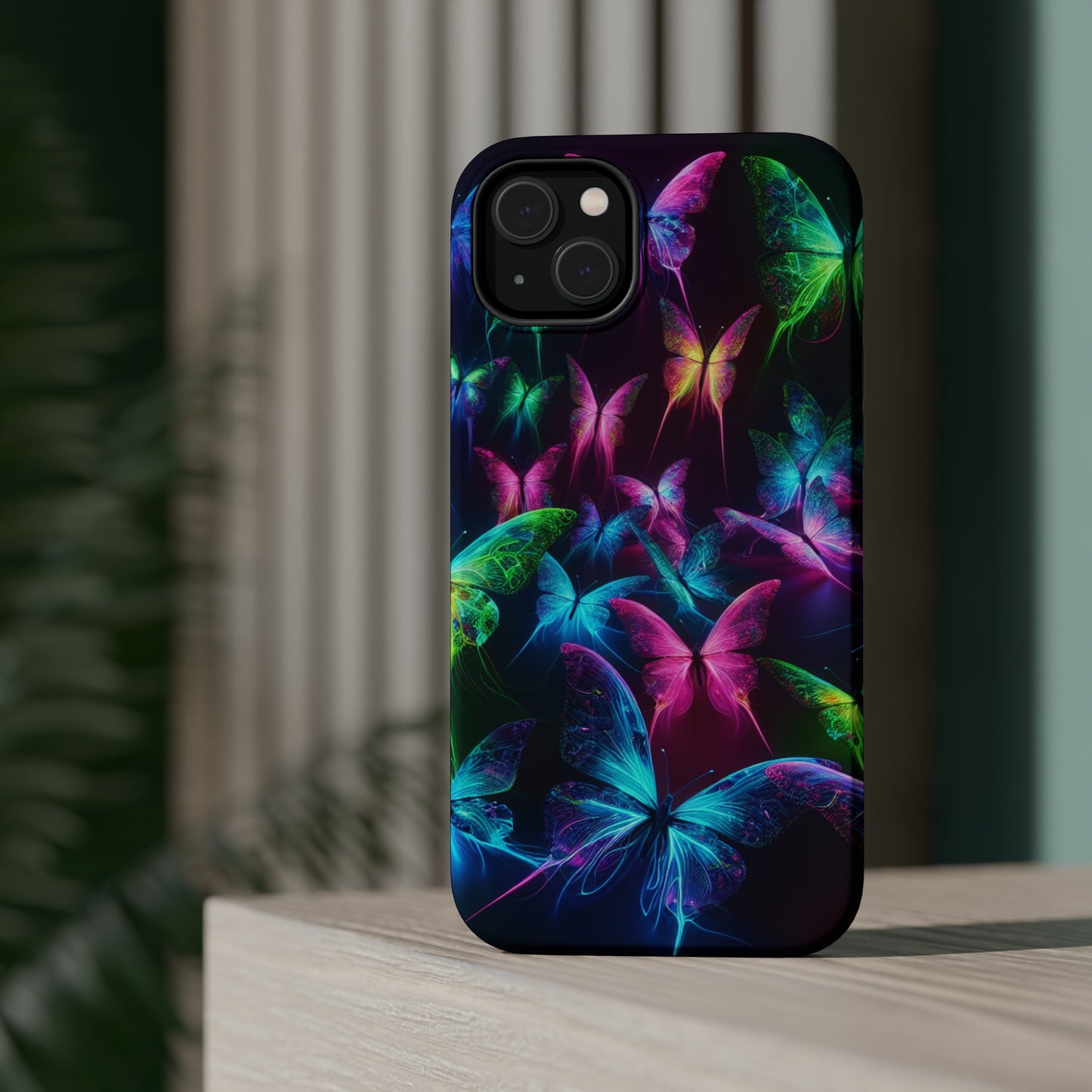 'Euphoria in Neon Flight' Neon Butterflies Premium Art Magsafe Magnet Tough IPhone 13 14 15 Pro Plus Max and Mini in Matte and Glossy Phone cases