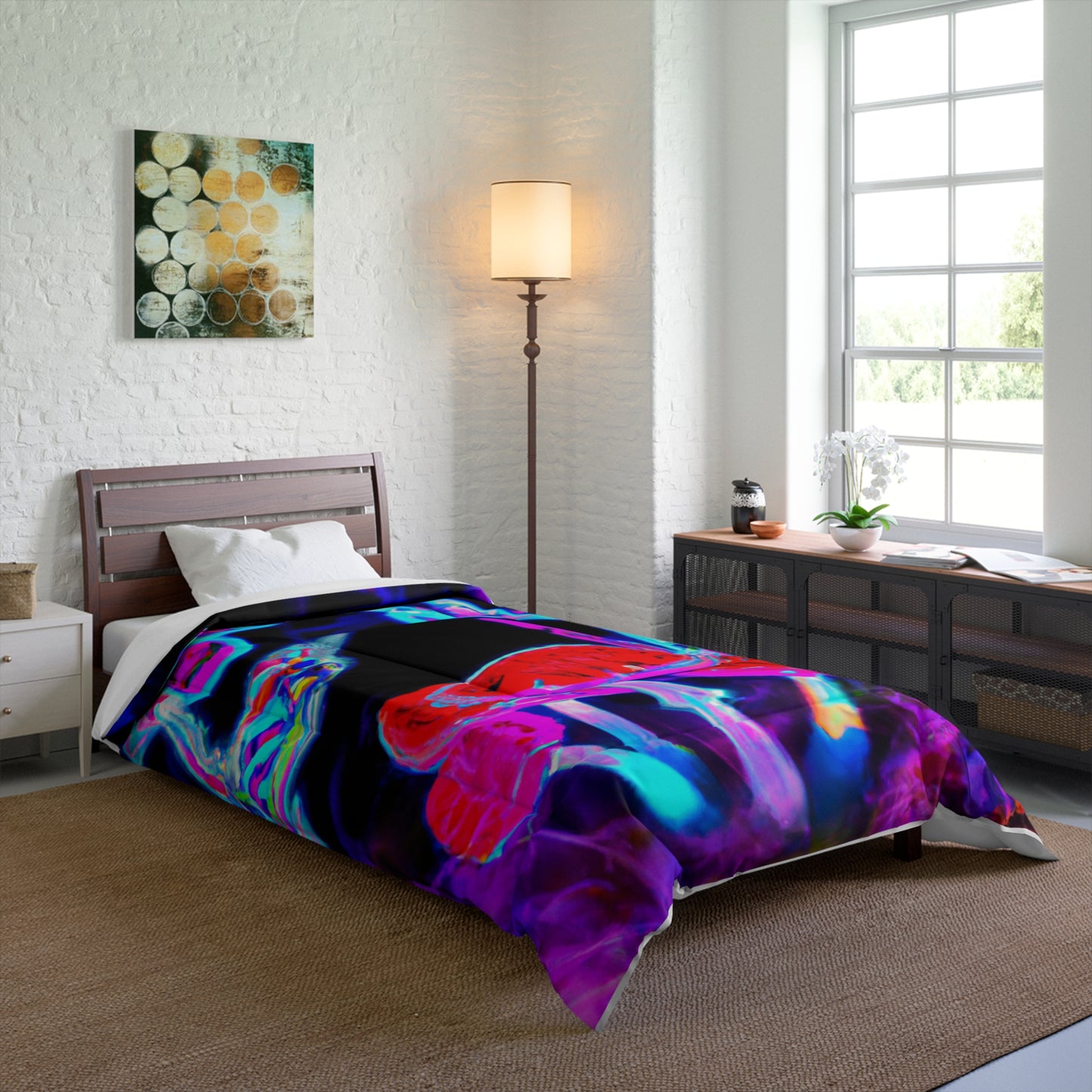 Vivid Neon Dreamscape. Butterflies & Mushrooms Comforter Blanket