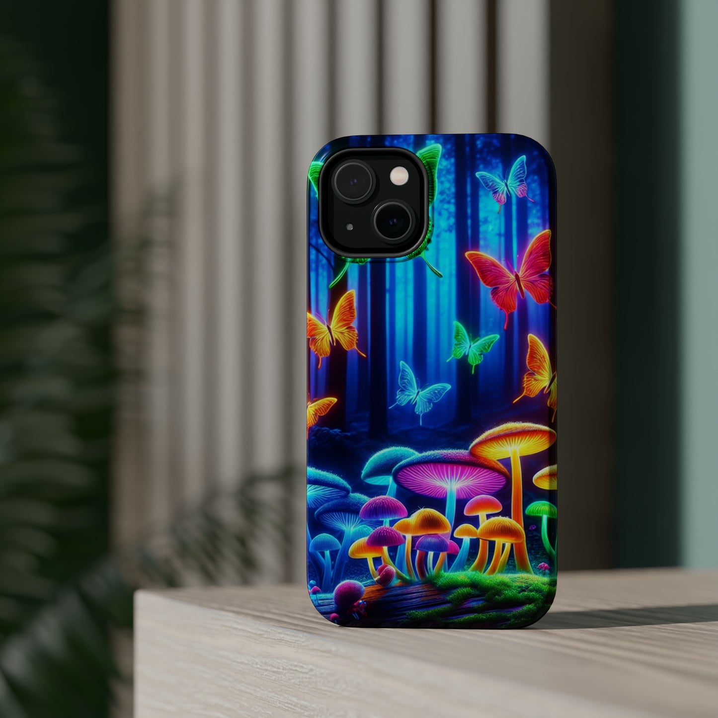 "Neon Garden Delight" Neon Butterflies and Mushrooms Premium Art Magsafe Magnet Tough IPhone 13 14 15 Pro Plus Max and Mini in Matte and Glossy Phone cases