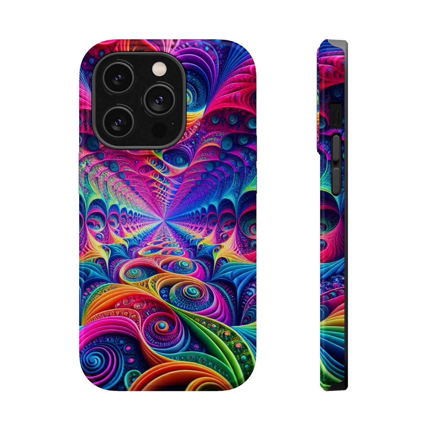 Cosmic Electric Rainbow Frenzy. Neon Trippy Infinity Patterns Premium Art Magsafe Magnet Tough IPhone 13 14 15 Pro Plus Max and Mini in Matte and Glossy Phone cases