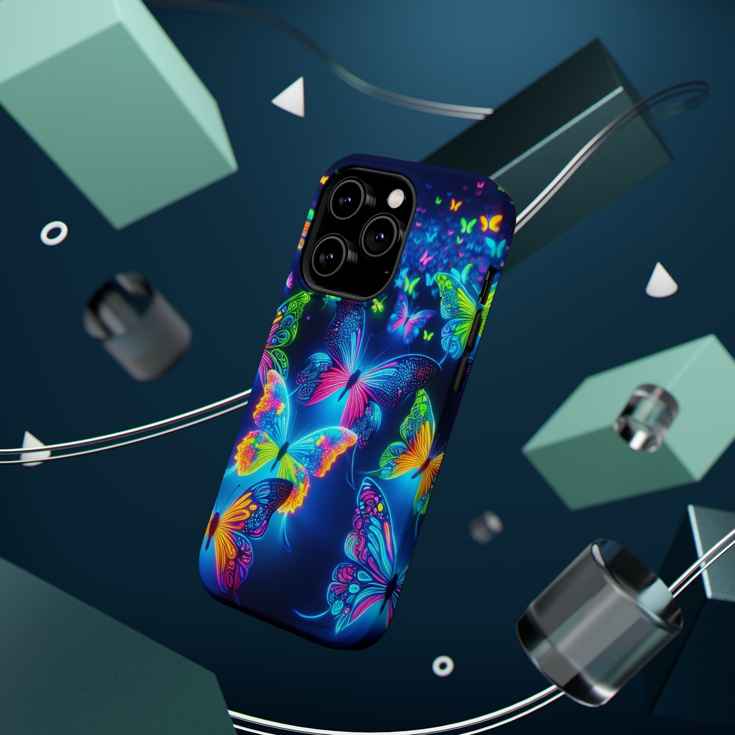 "Atmospheric Fluorescence" Neon Butterflies Premium Art Magsafe Magnet Tough IPhone 13 14 15 Pro Plus Max and Mini in Matte and Glossy Phone cases