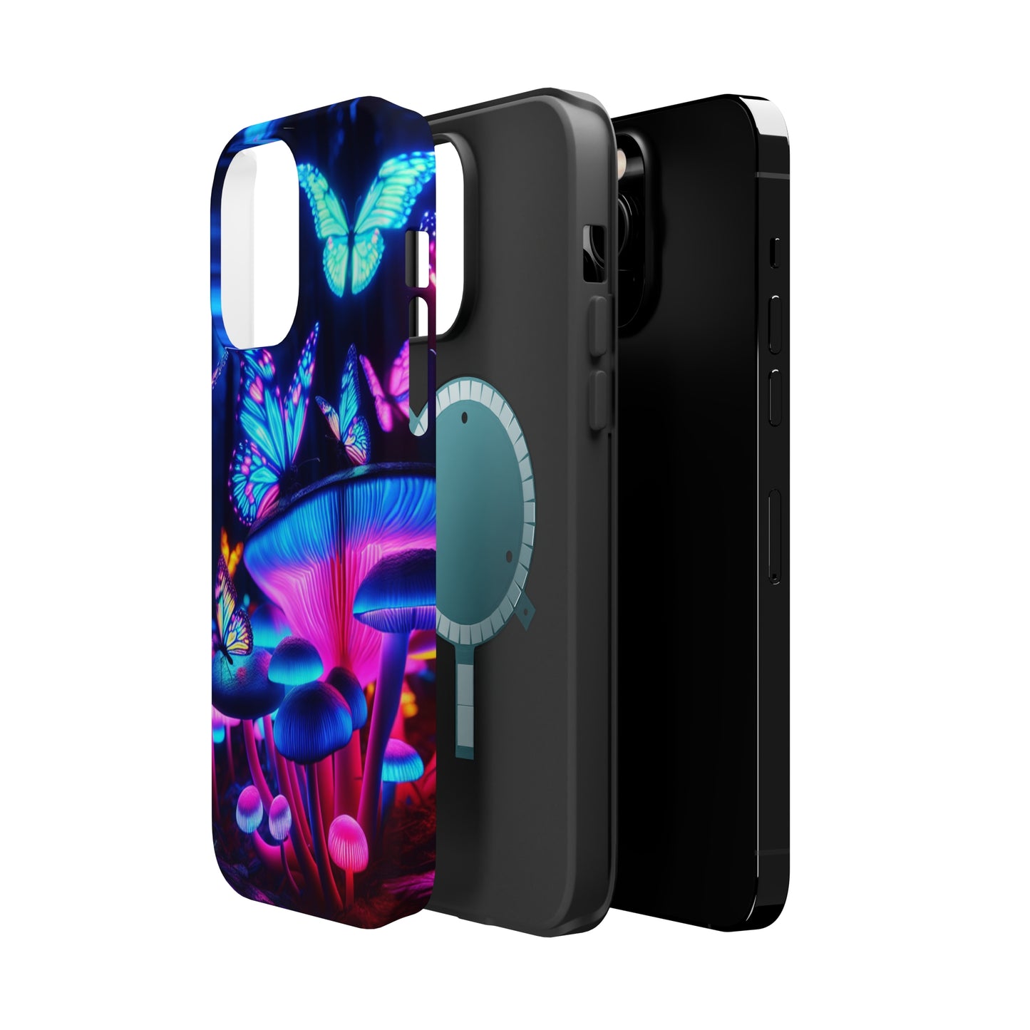 Neon Fantasy Garden Neon Butterflies and Mushrooms Premium Art Magsafe Magnet Tough IPhone 13 14 15 Pro Plus Max and Mini in Matte and Glossy Phone cases