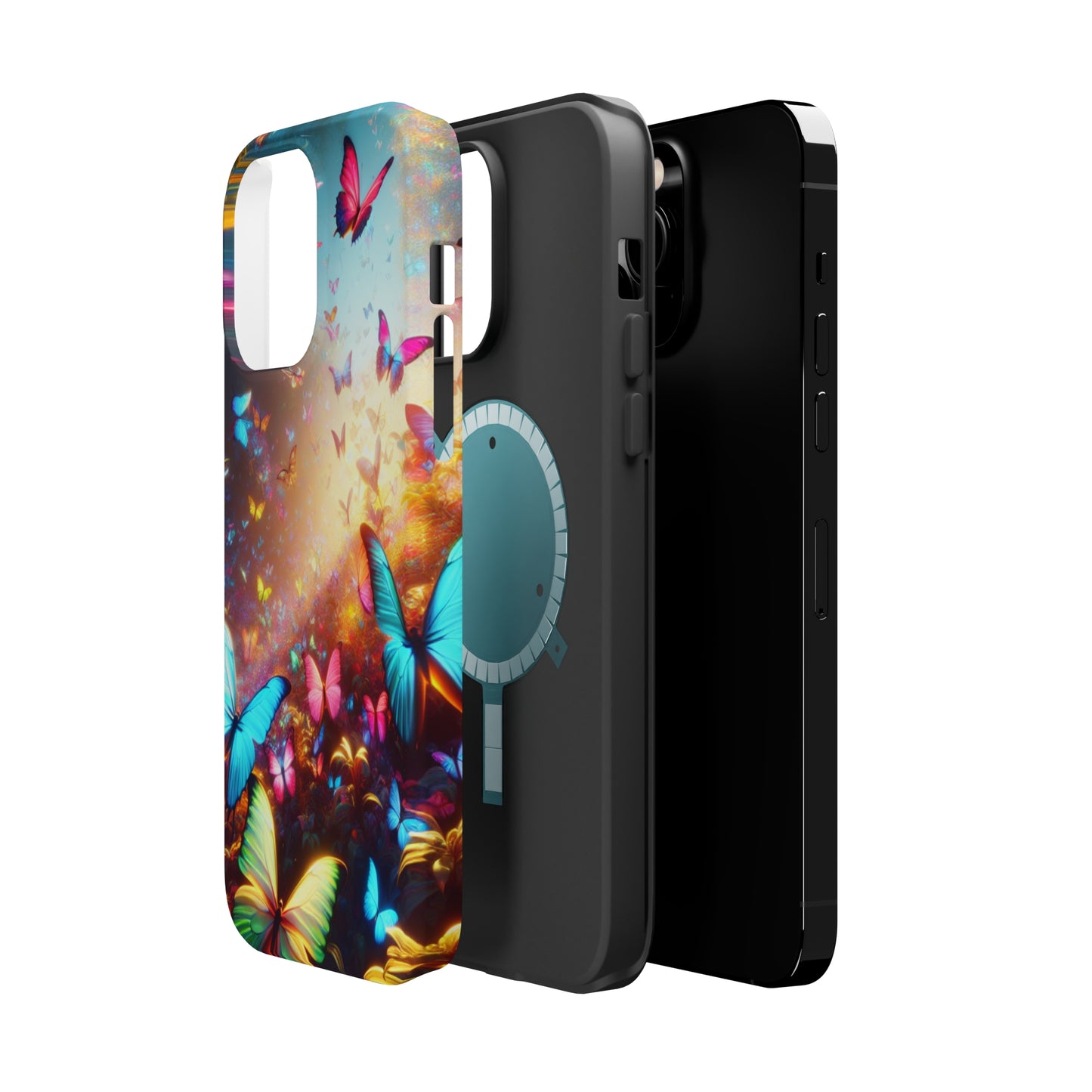 "Neon Butterfly Blooms" Neon Butterflies Premium Art Magsafe Magnet Tough IPhone 13 14 15 Pro Plus Max and Mini in Matte and Glossy Phone cases
