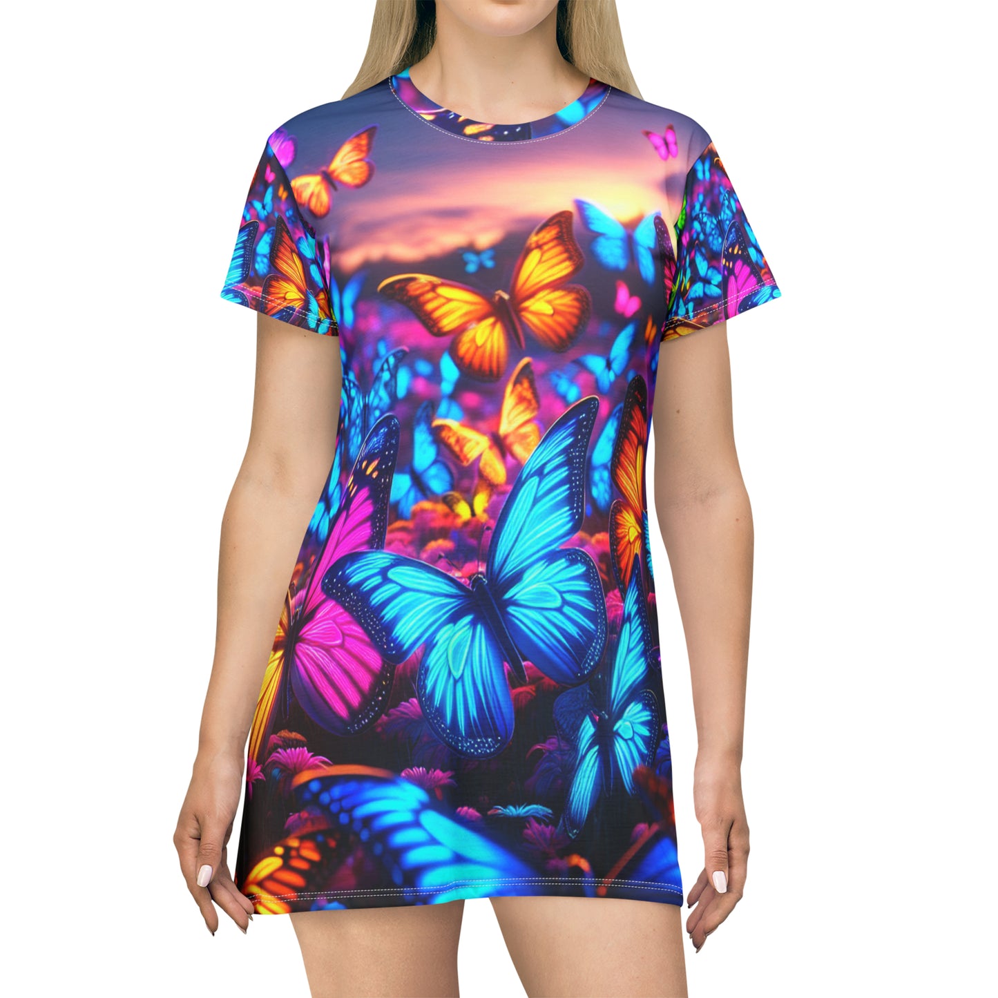 "Neon Flutter Fantasy" Neon Butterflies Womans T Shirt Dress