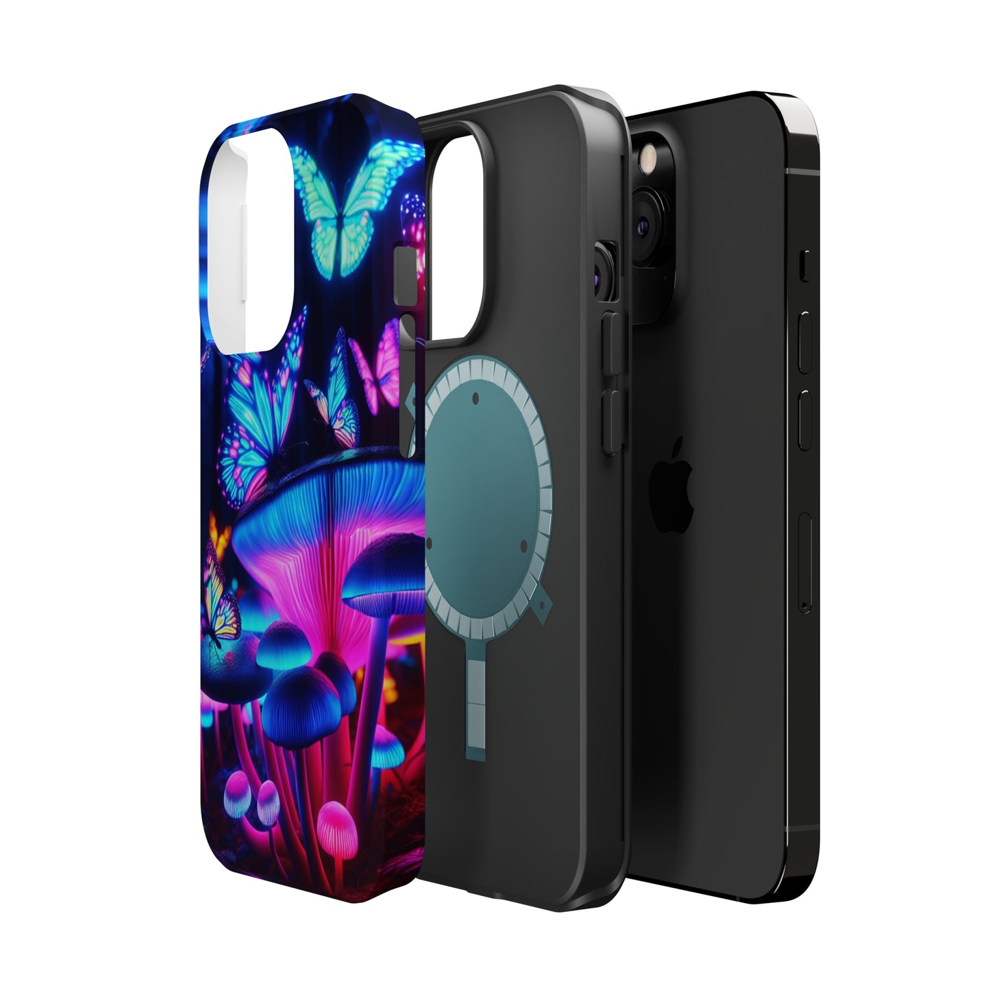 Neon Fantasy Garden Neon Butterflies and Mushrooms Premium Art Magsafe Magnet Tough IPhone 13 14 15 Pro Plus Max and Mini in Matte and Glossy Phone cases