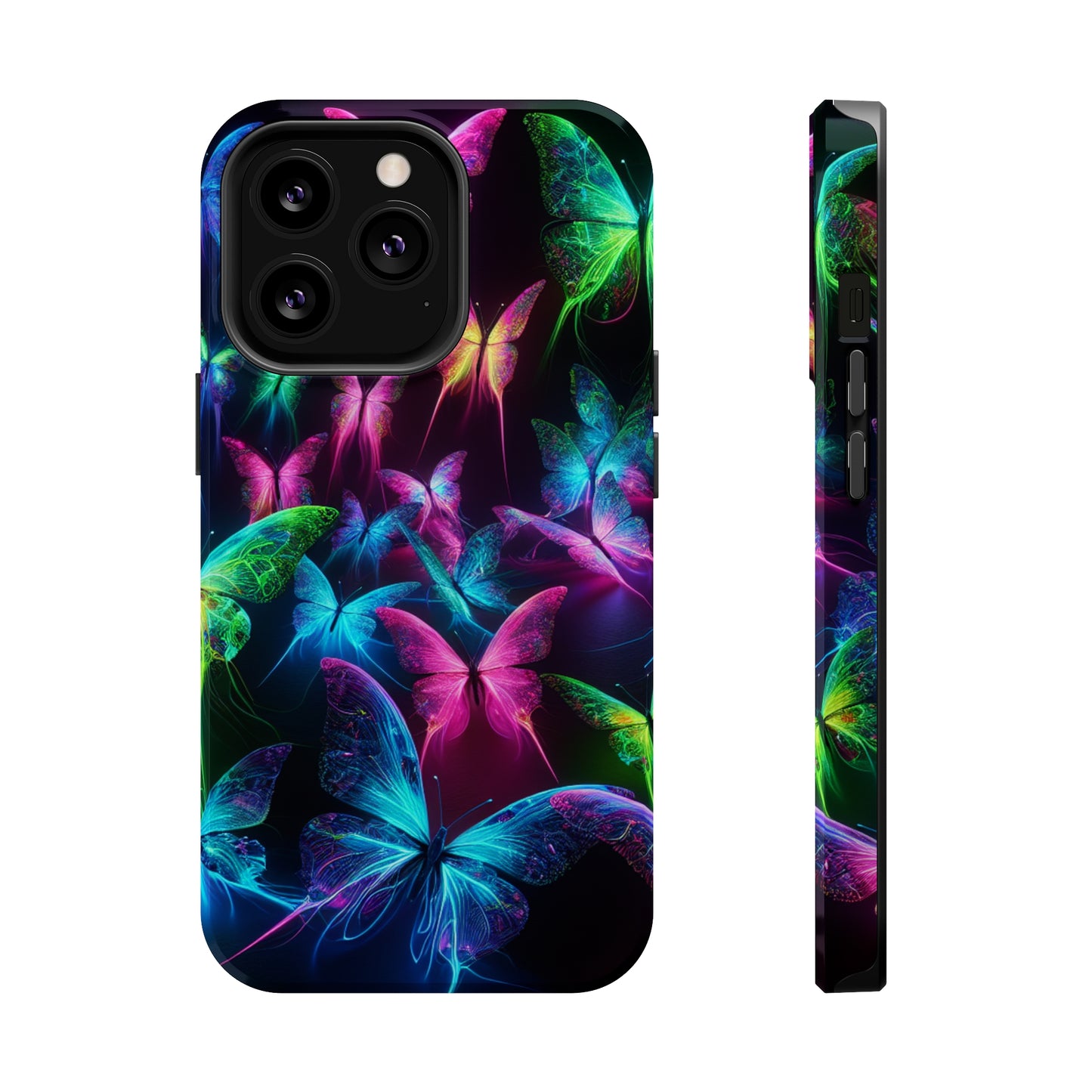 'Euphoria in Neon Flight' Neon Butterflies Premium Art Magsafe Magnet Tough IPhone 13 14 15 Pro Plus Max and Mini in Matte and Glossy Phone cases