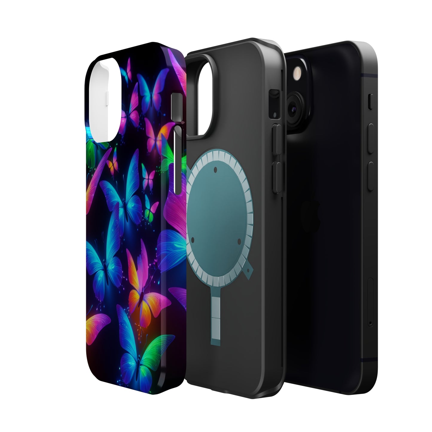 "Vibrant Neon Flutter" Neon Butterflies Premium Art Magsafe Magnet Tough IPhone 13 14 15 Pro Plus Max and Mini in Matte and Glossy Phone cases
