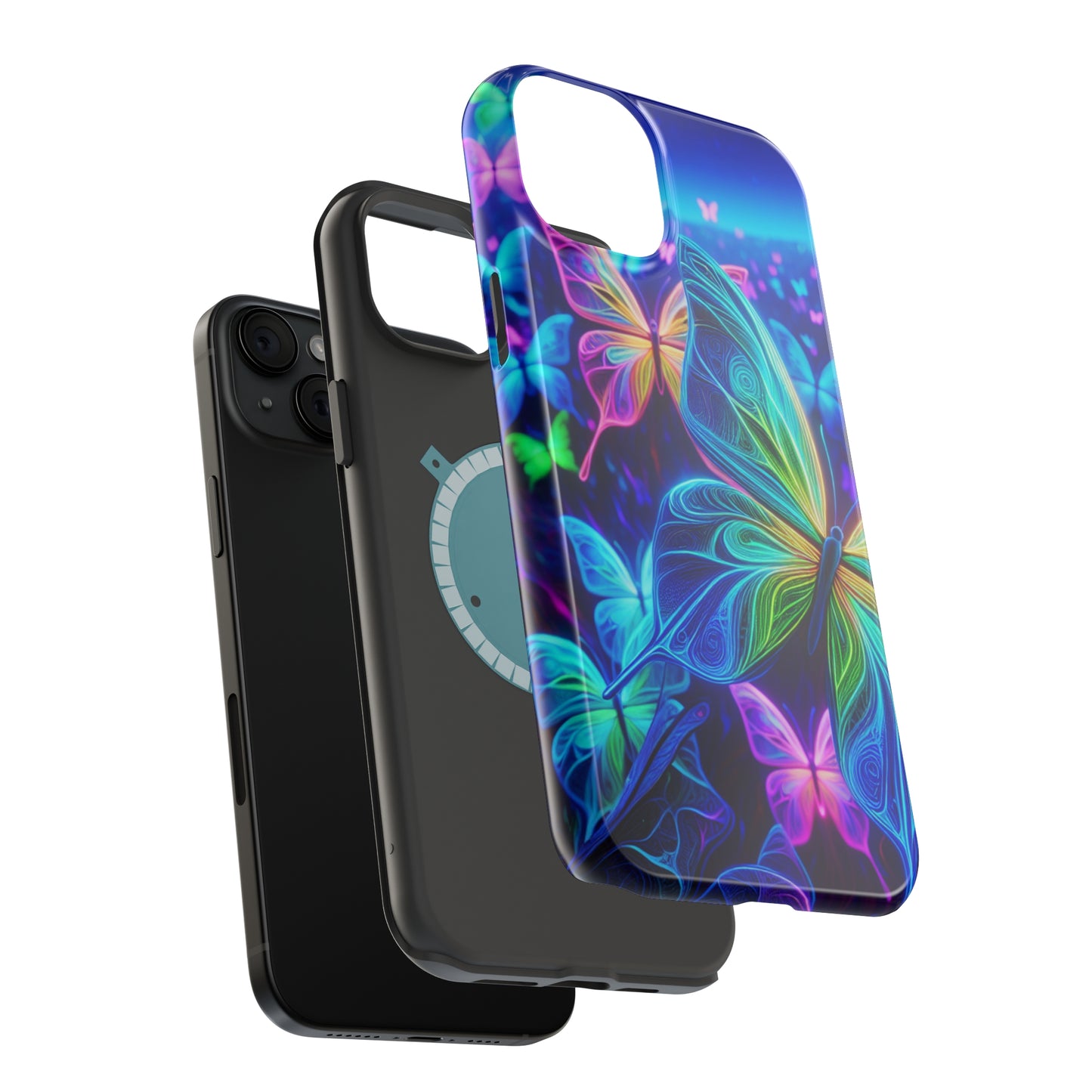 'Serene Spectacle of Neon Butterflies' Neon Butterflies Premium Art Magsafe Magnet Tough IPhone 13 14 15 Pro Plus Max and Mini in Matte and Glossy Phone cases