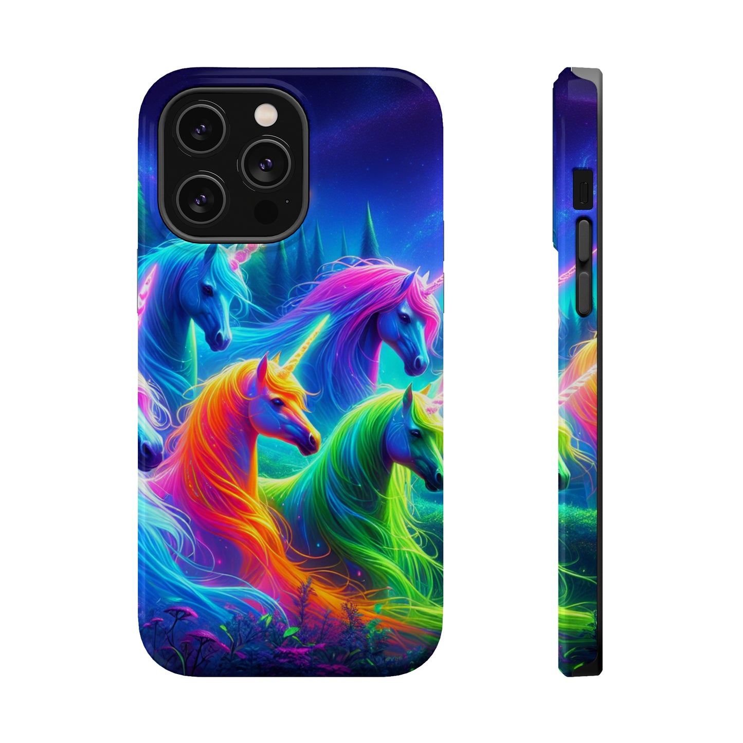 "Vibrant Neon Unicorn Rainbow" Neon Unicorns Premium Art Magsafe Magnet Tough IPhone 13 14 15 Pro Plus Max and Mini in Matte and Glossy Phone cases