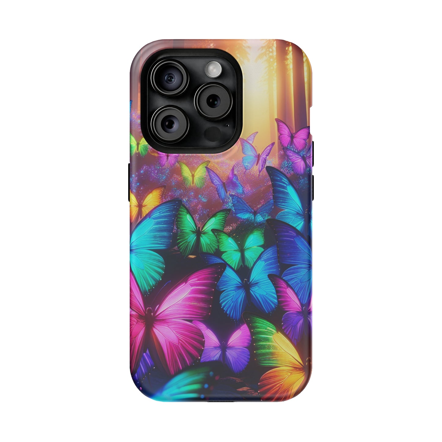 "Radiant Glowing Flight" Neon Butterflies Premium Art Magsafe Magnet Tough IPhone 13 14 15 Pro Plus Max and Mini in Matte and Glossy Phone cases