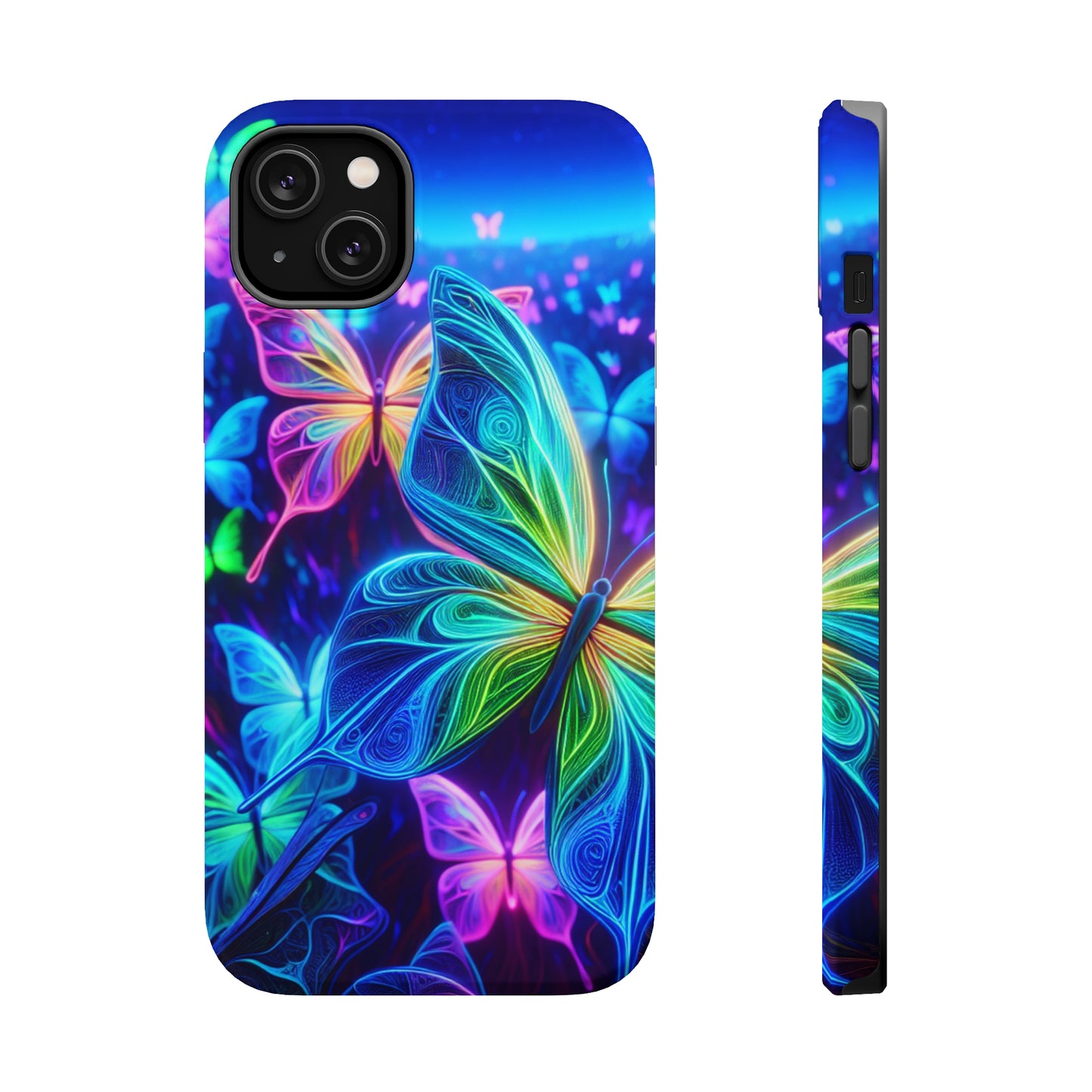 'Serene Spectacle of Neon Butterflies' Neon Butterflies Premium Art Magsafe Magnet Tough IPhone 13 14 15 Pro Plus Max and Mini in Matte and Glossy Phone cases