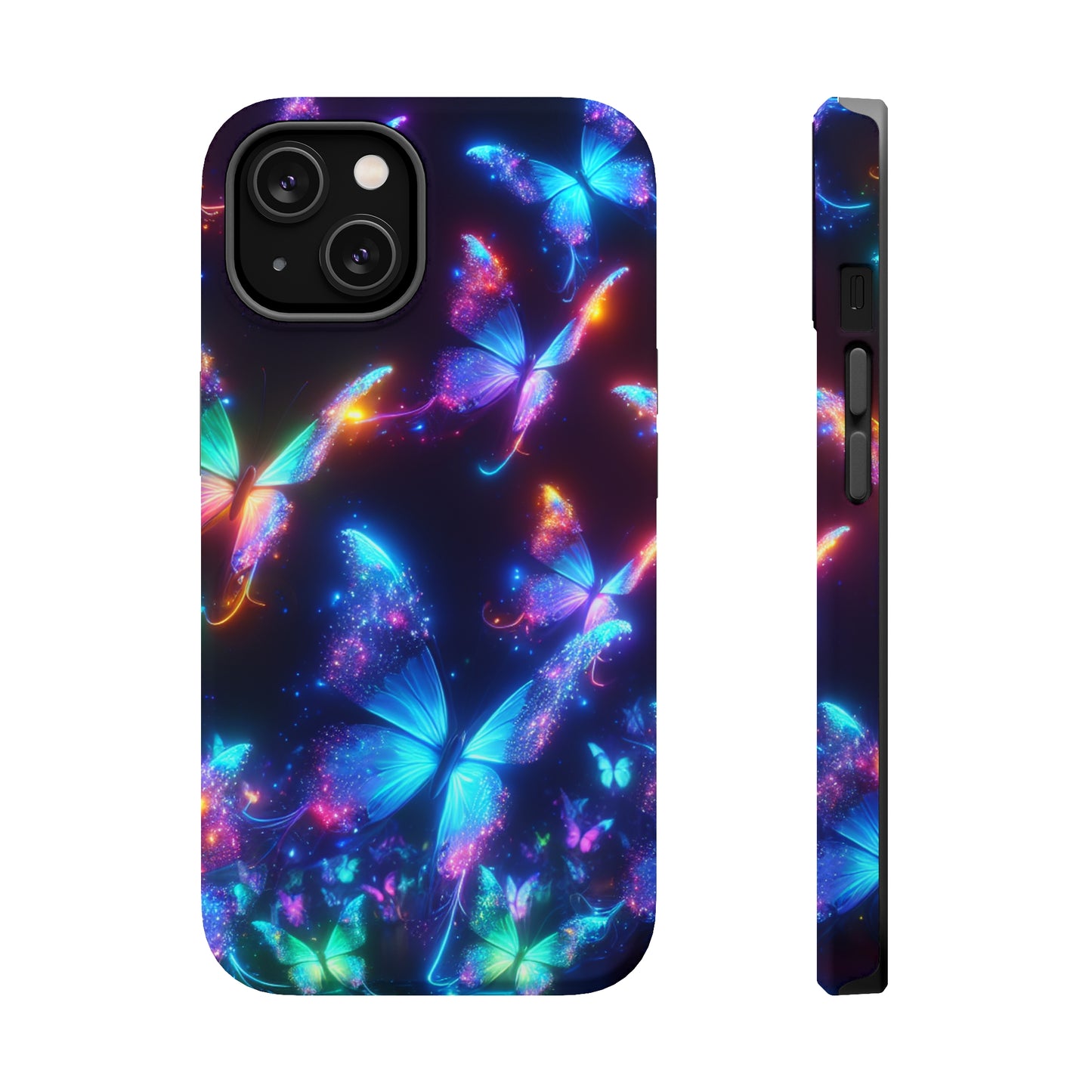 "Electrically Vivid Reverie" Neon Butterflies Premium Art Magsafe Magnet Tough IPhone 13 14 15 Pro Plus Max and Mini in Matte and Glossy Phone cases