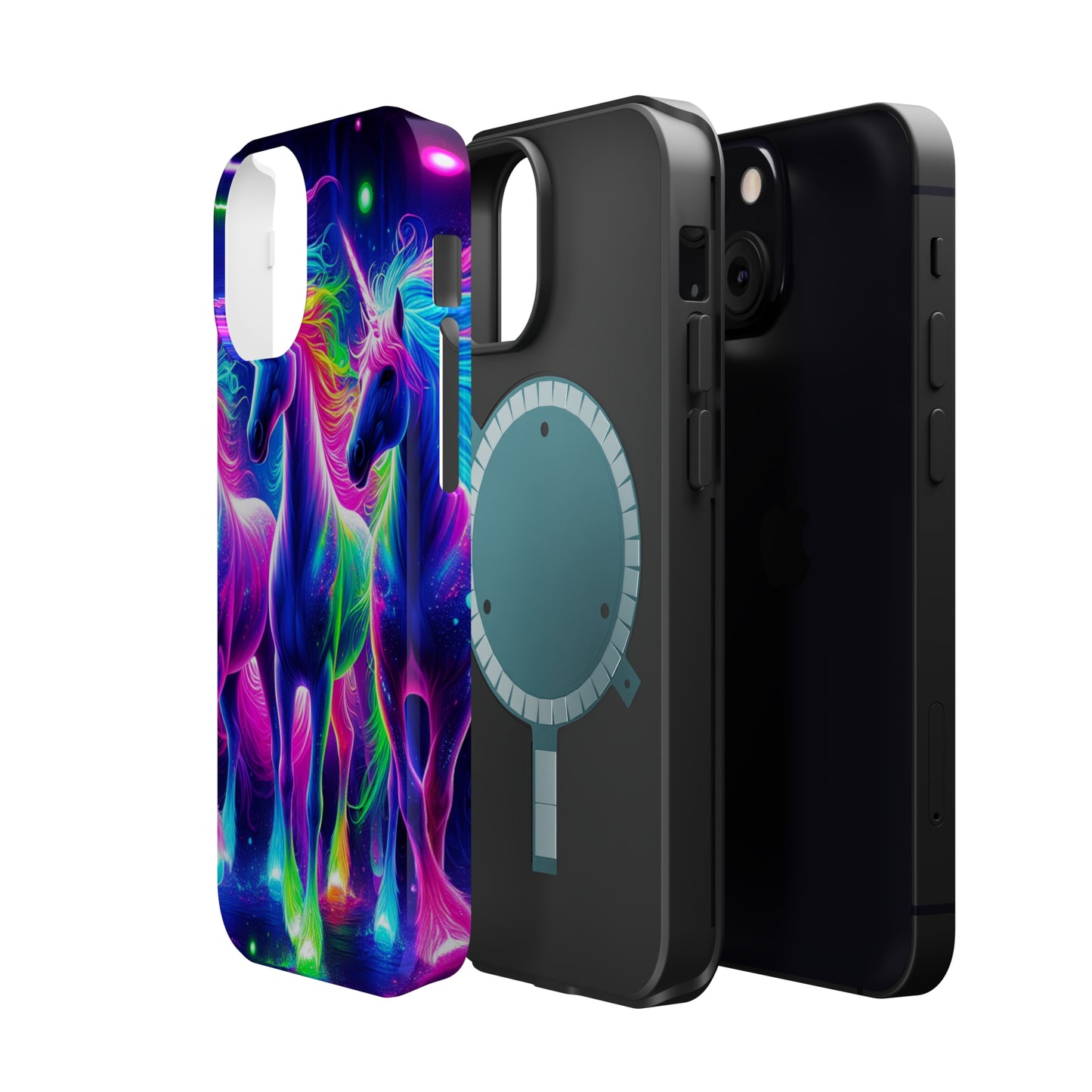"Uni-Neon Fantasy" Neon Unicorns Premium Art Magsafe Magnet Tough IPhone 13 14 15 Pro Plus Max and Mini in Matte and Glossy Phone cases