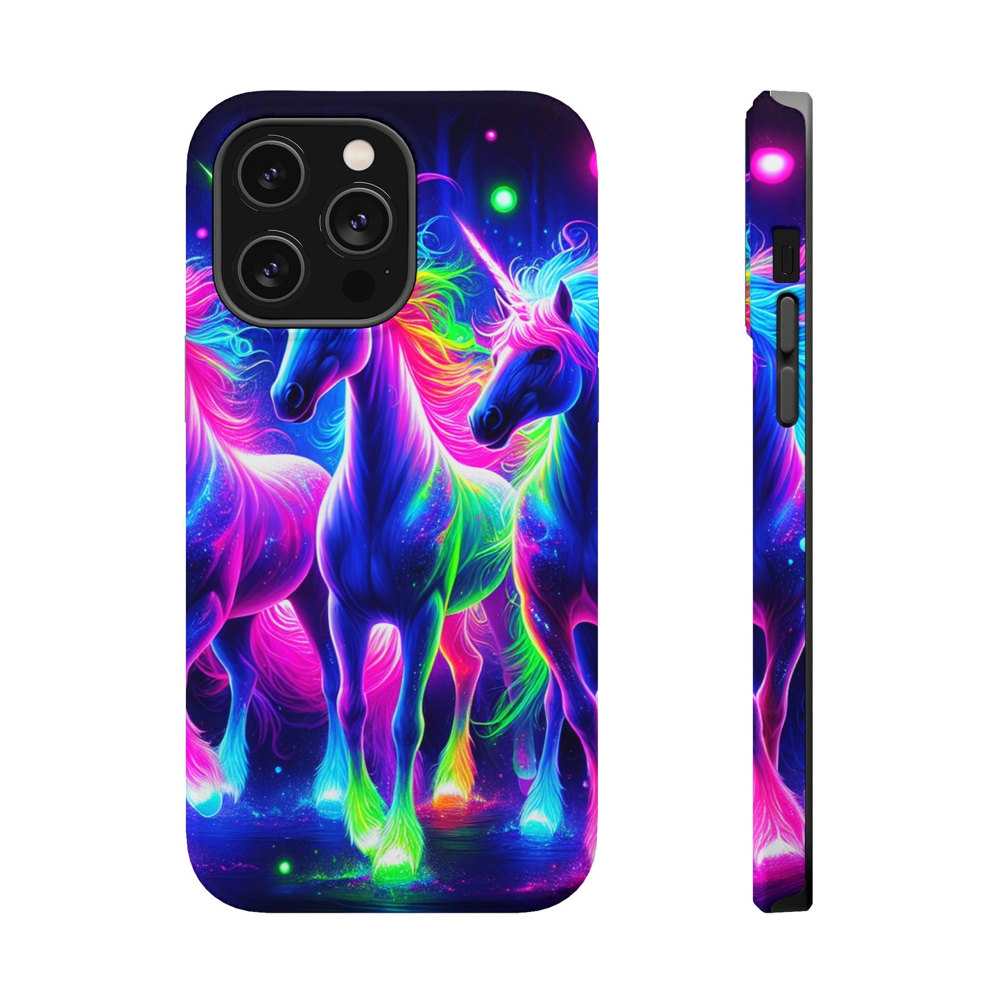 "Uni-Neon Fantasy" Neon Unicorns Premium Art Magsafe Magnet Tough IPhone 13 14 15 Pro Plus Max and Mini in Matte and Glossy Phone cases