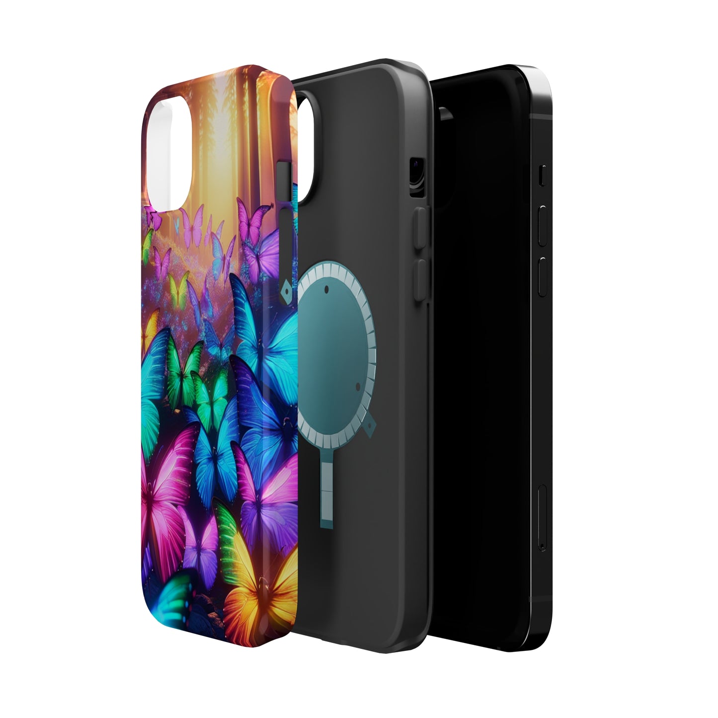 "Radiant Glowing Flight" Neon Butterflies Premium Art Magsafe Magnet Tough IPhone 13 14 15 Pro Plus Max and Mini in Matte and Glossy Phone cases