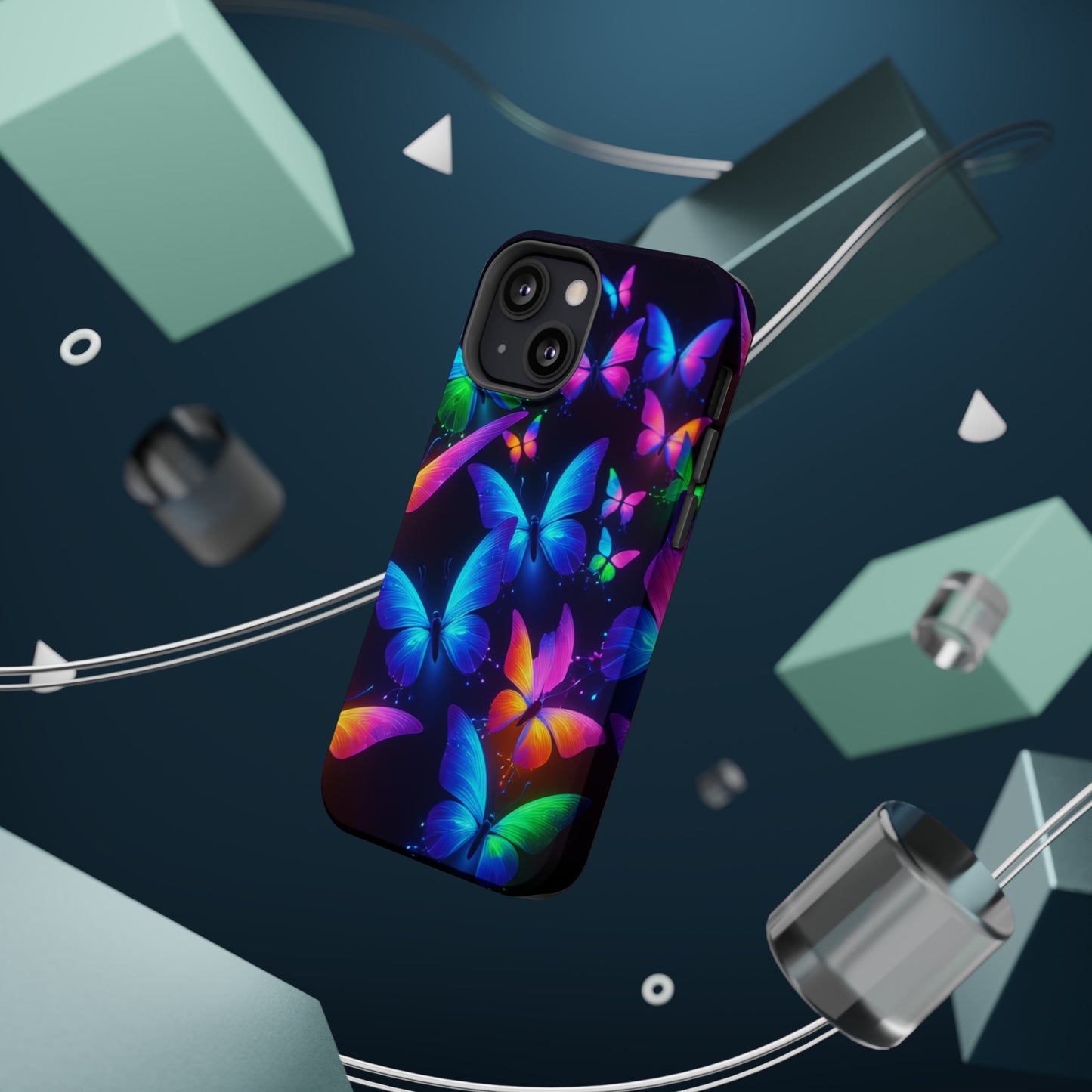 "Vibrant Neon Flutter" Neon Butterflies Premium Art Magsafe Magnet Tough IPhone 13 14 15 Pro Plus Max and Mini in Matte and Glossy Phone cases