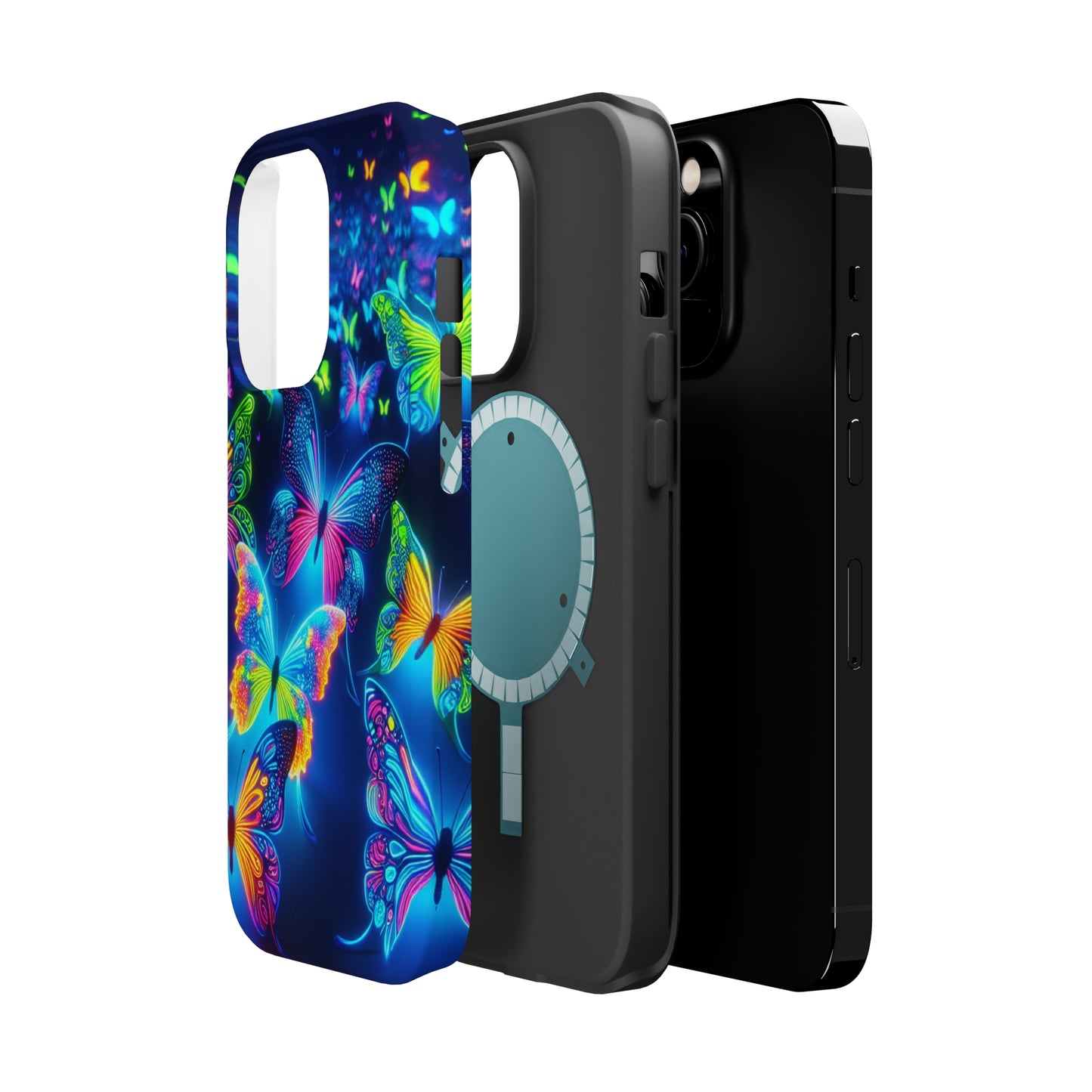 "Atmospheric Fluorescence" Neon Butterflies Premium Art Magsafe Magnet Tough IPhone 13 14 15 Pro Plus Max and Mini in Matte and Glossy Phone cases