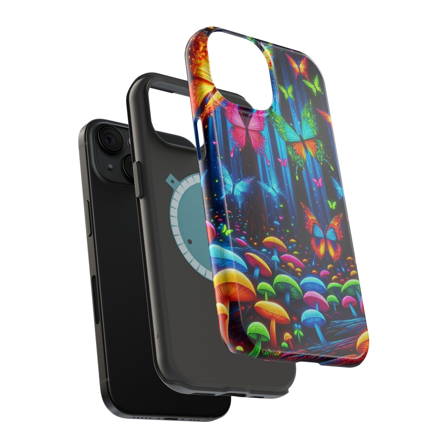 Neon Fantasia. Neon Butterflies and Mushrooms Premium Art Magsafe Magnet Tough IPhone 13 14 15 Pro Plus Max and Mini in Matte and Glossy Phone cases