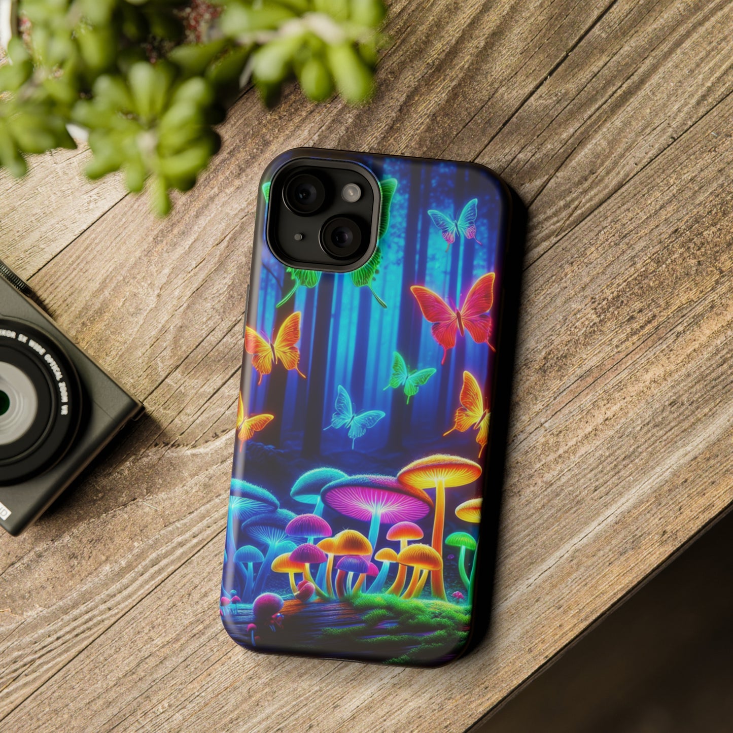 "Neon Garden Delight" Neon Butterflies and Mushrooms Premium Art Magsafe Magnet Tough IPhone 13 14 15 Pro Plus Max and Mini in Matte and Glossy Phone cases