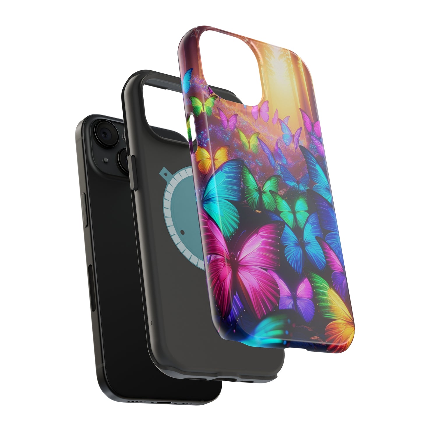 "Radiant Glowing Flight" Neon Butterflies Premium Art Magsafe Magnet Tough IPhone 13 14 15 Pro Plus Max and Mini in Matte and Glossy Phone cases
