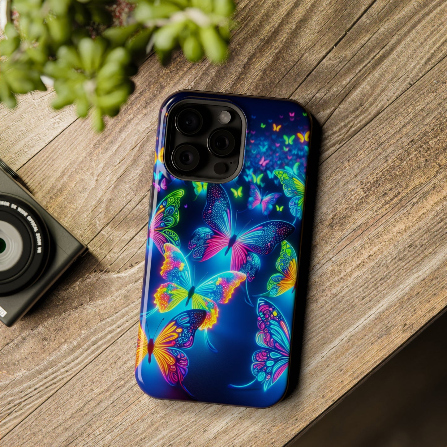 "Atmospheric Fluorescence" Neon Butterflies Premium Art Magsafe Magnet Tough IPhone 13 14 15 Pro Plus Max and Mini in Matte and Glossy Phone cases