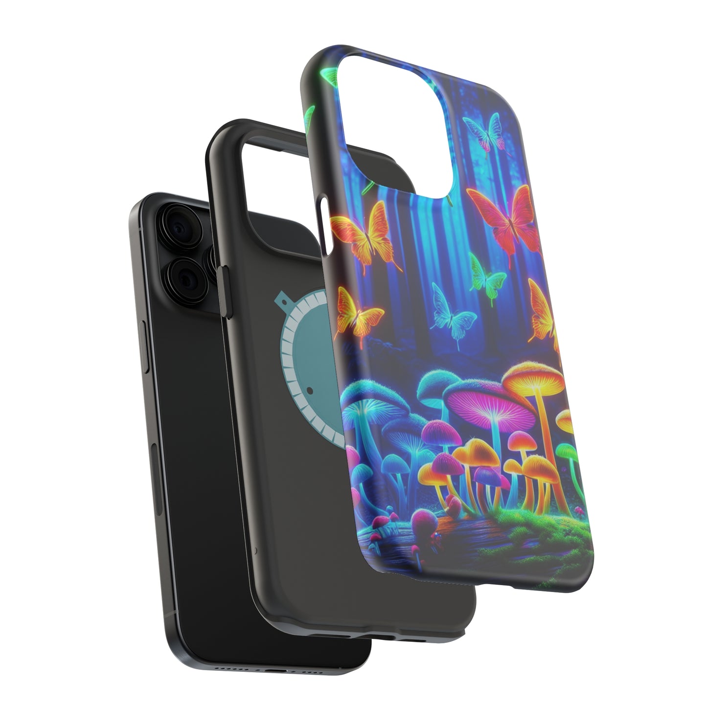 "Neon Garden Delight" Neon Butterflies and Mushrooms Premium Art Magsafe Magnet Tough IPhone 13 14 15 Pro Plus Max and Mini in Matte and Glossy Phone cases