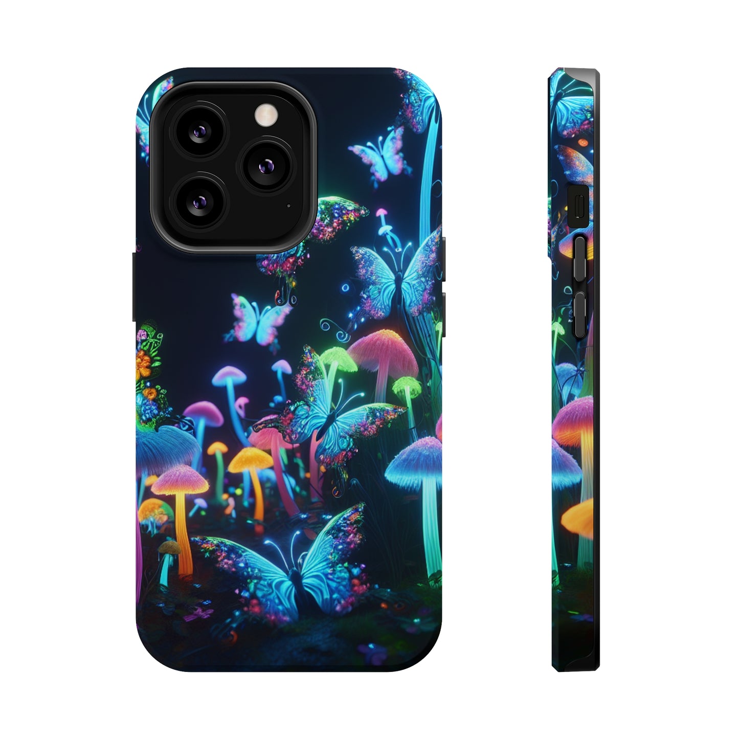"Neon Dreamscape" Neon Butterflies and Mushrooms Premium Art Magsafe Magnet Tough IPhone 13 14 15 Pro Plus Max and Mini in Matte and Glossy Phone cases