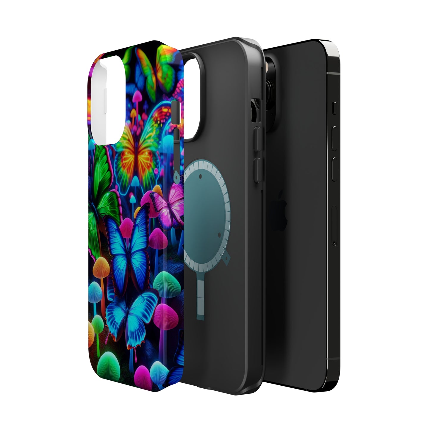 "Fantastic Fruition" Neon Butterflies and Mushrooms Premium Art Magsafe Magnet Tough IPhone 13 14 15 Pro Plus Max and Mini in Matte and Glossy Phone cases