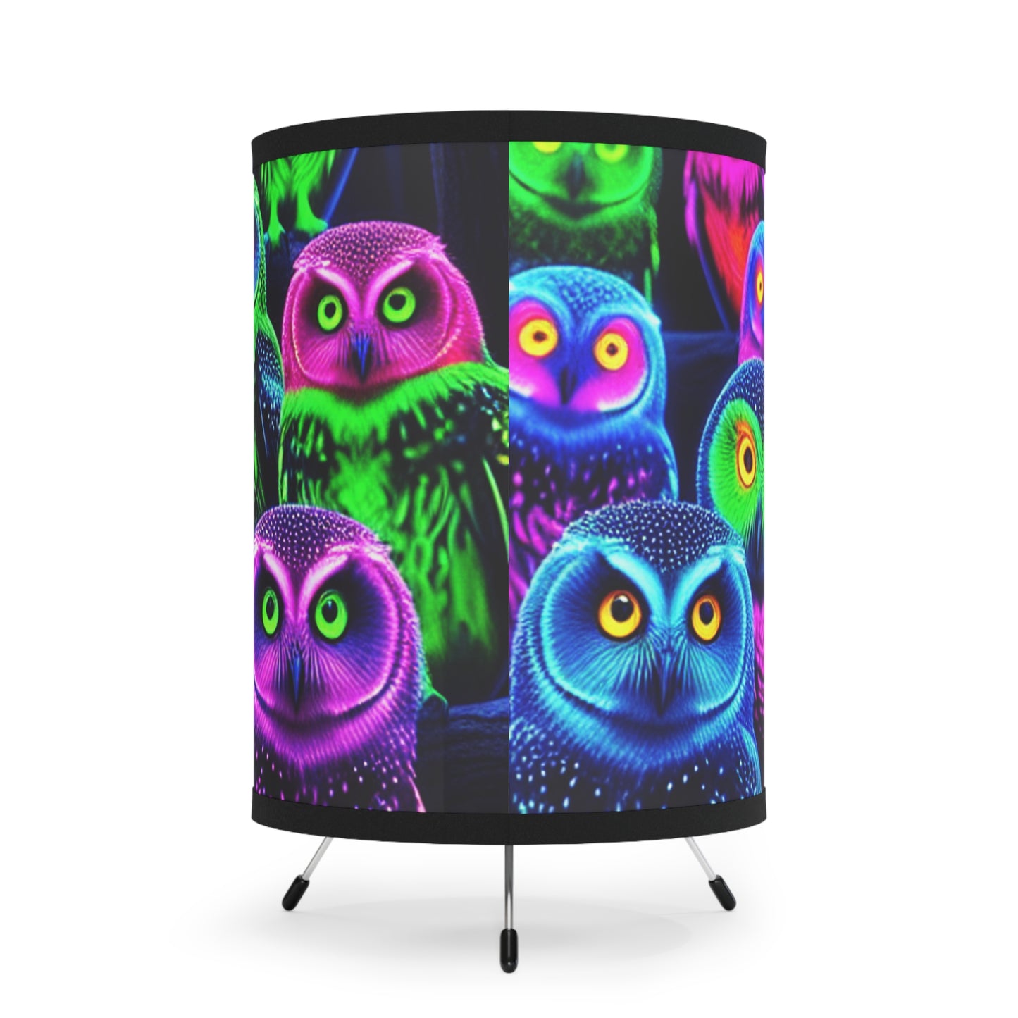 "Owls of the Neon Night" - NEON Owls Art Tripod Lamp