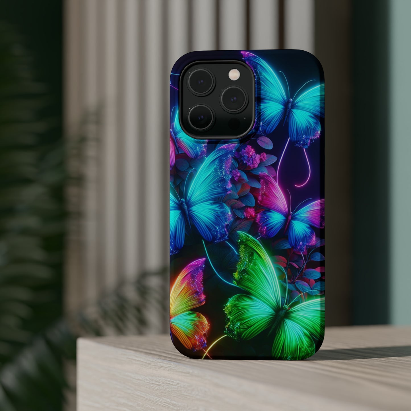 Neon Flutter Symphony Neon Butterflies Premium Art Magsafe Magnet Tough IPhone 13 14 15 Pro Plus Max and Mini in Matte and Glossy Phone cases