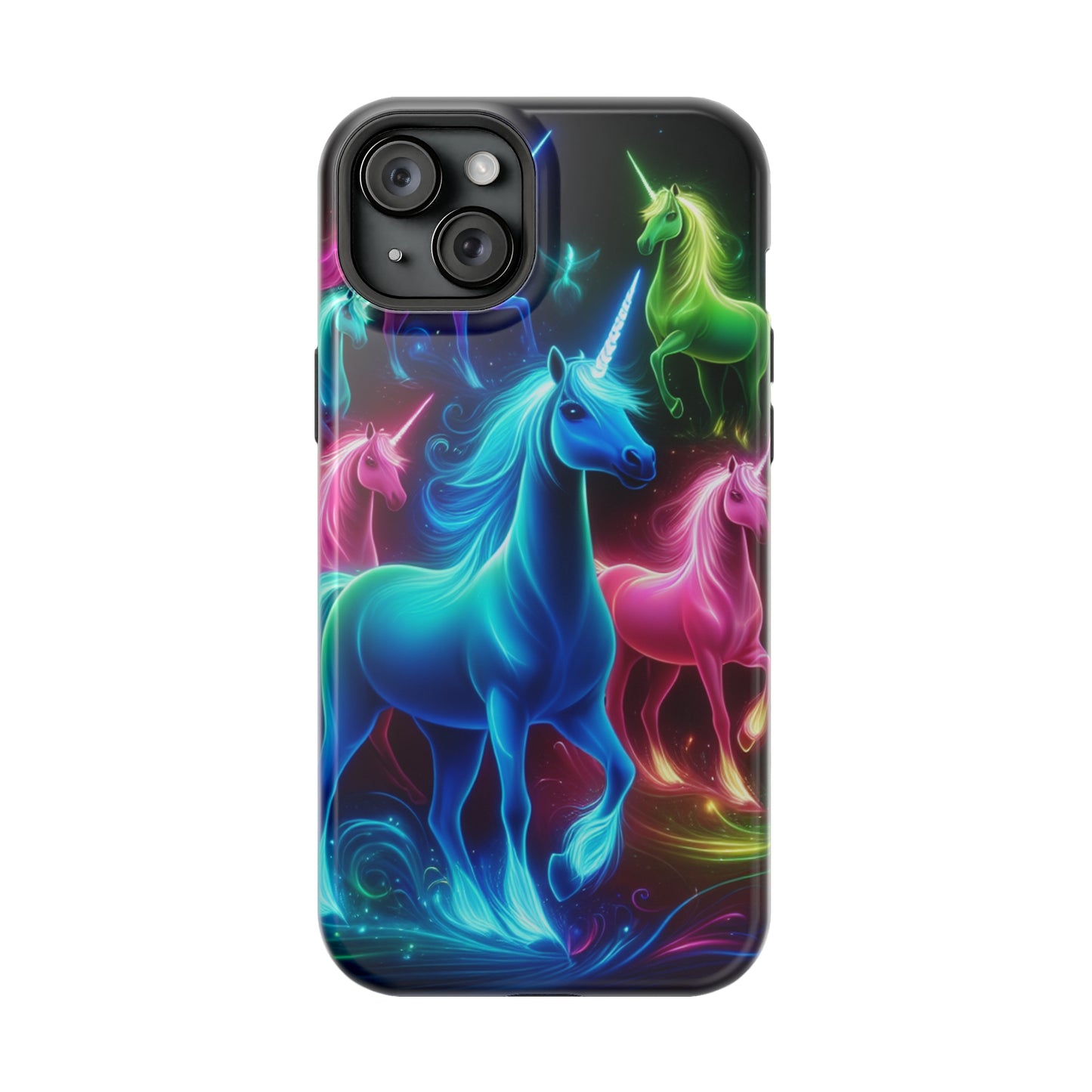 Neon Rainbow Herd. Neon Unicorns Premium Art Magsafe Magnet Tough IPhone 13 14 15 Pro Plus Max and Mini in Matte and Glossy Phone cases