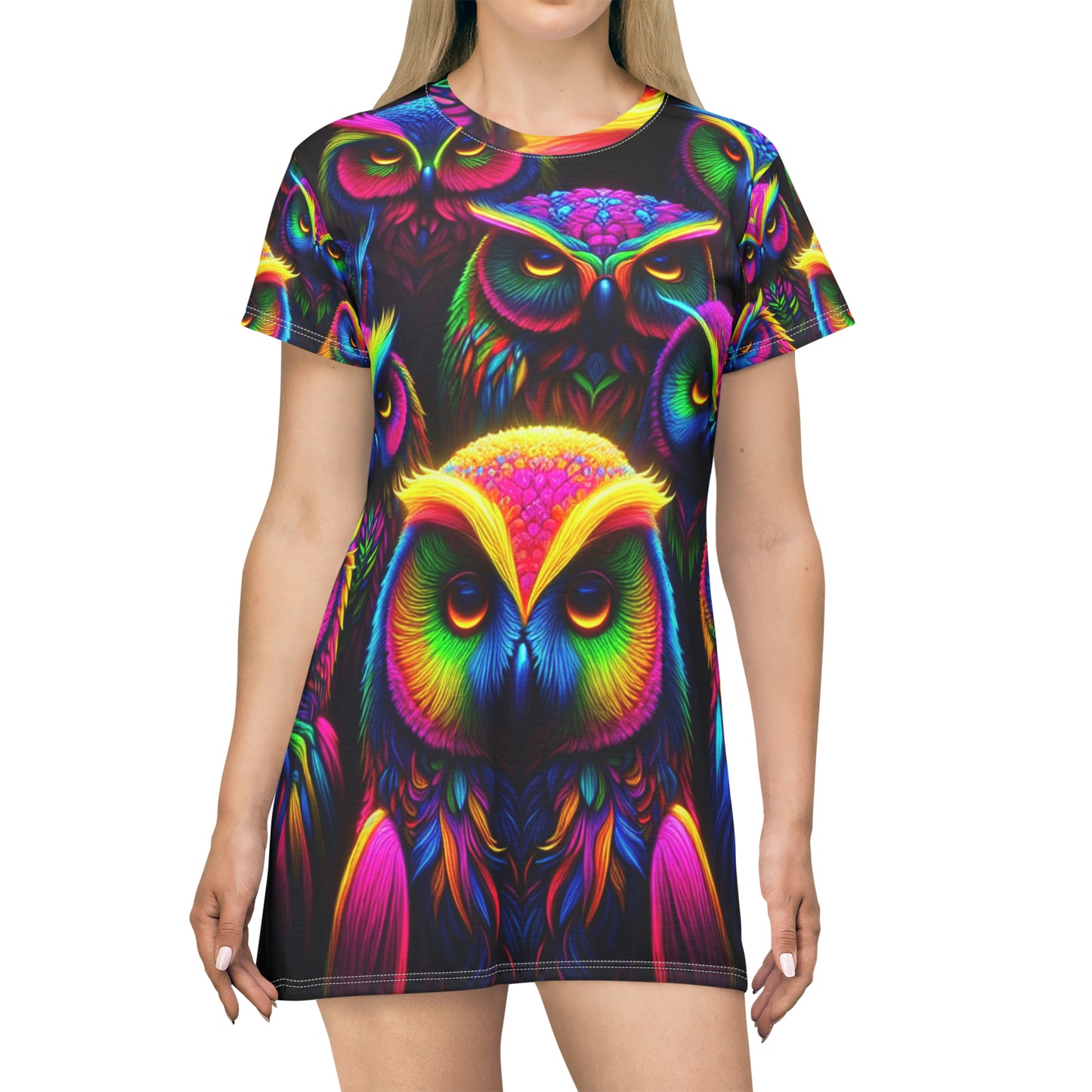 Neon Nocturnal Vision. Neon Owls Womans T Shirt Dress