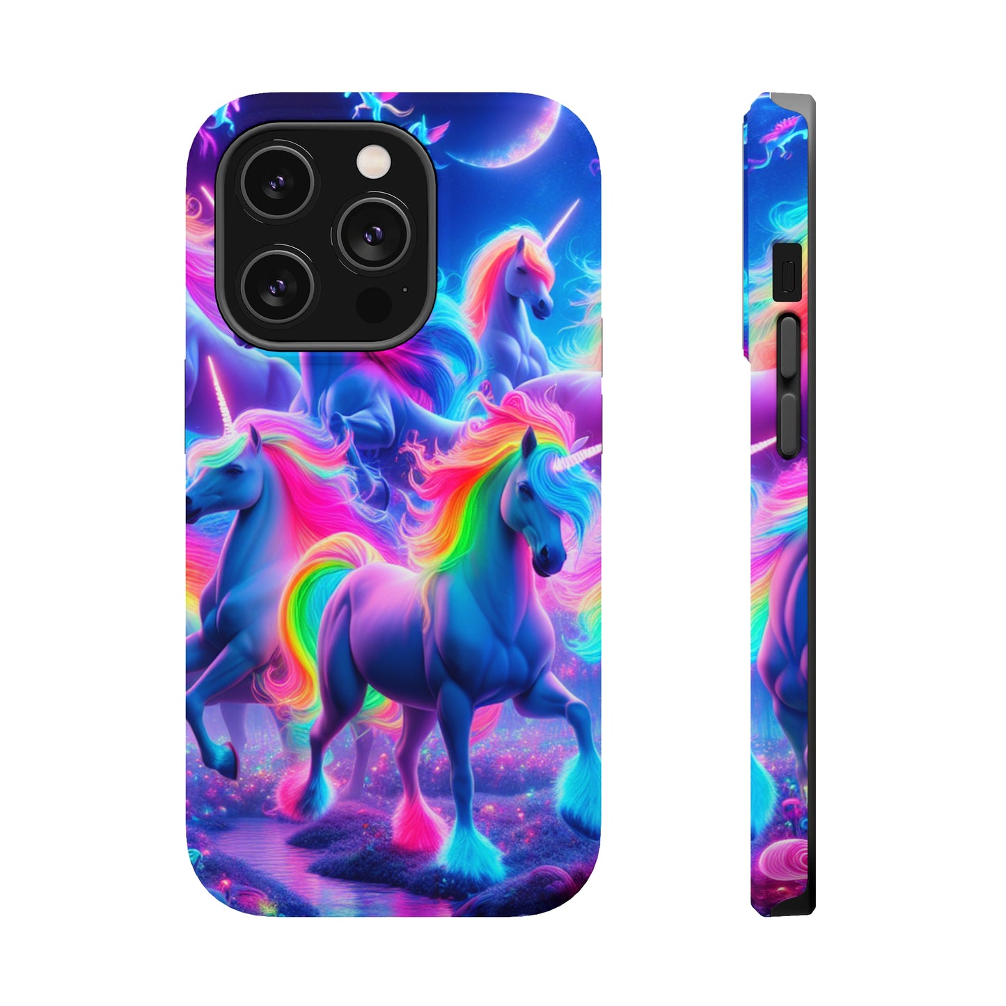"Unicorn Prism" Neon Unicorns Premium Art Magsafe Magnet Tough IPhone 13 14 15 Pro Plus Max and Mini in Matte and Glossy Phone cases