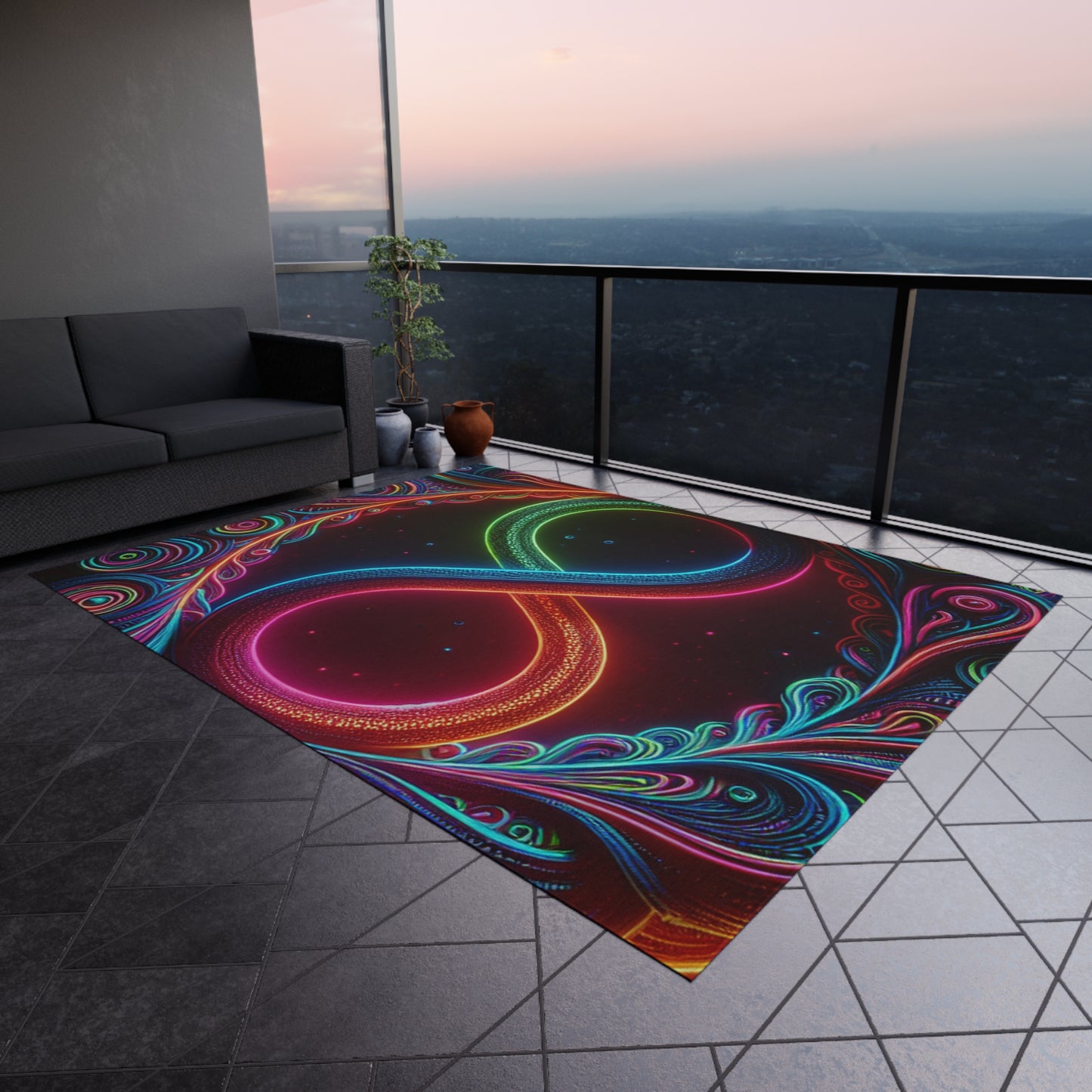 Neon Vortex Infinity. Infinity Patterns Outdoor Rug