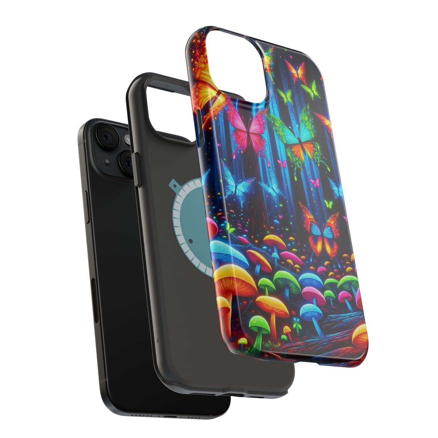 Neon Fantasia. Neon Butterflies and Mushrooms Premium Art Magsafe Magnet Tough IPhone 13 14 15 Pro Plus Max and Mini in Matte and Glossy Phone cases