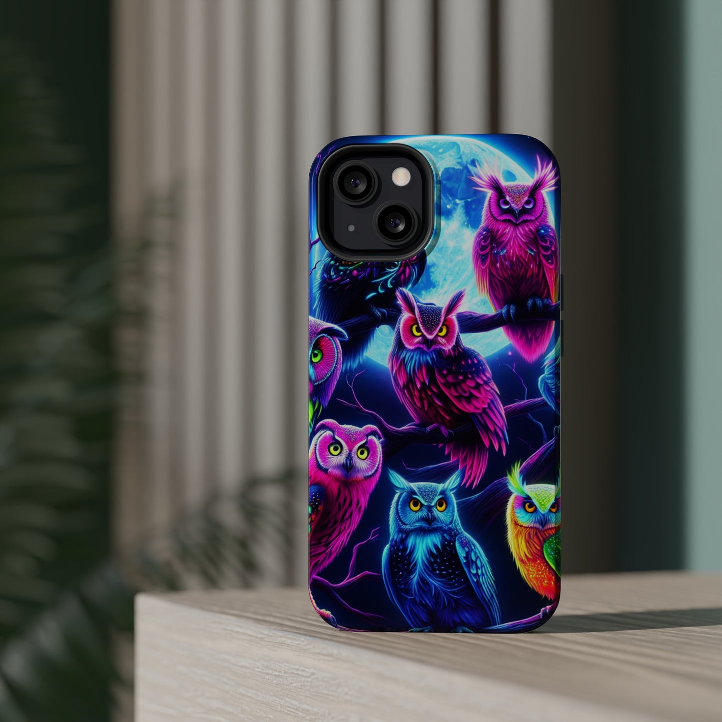 "Neon Splash of Owls" Neon Owls Premium Art Magsafe Magnet Tough IPhone 13 14 15 Pro Plus Max and Mini in Matte and Glossy Phone cases