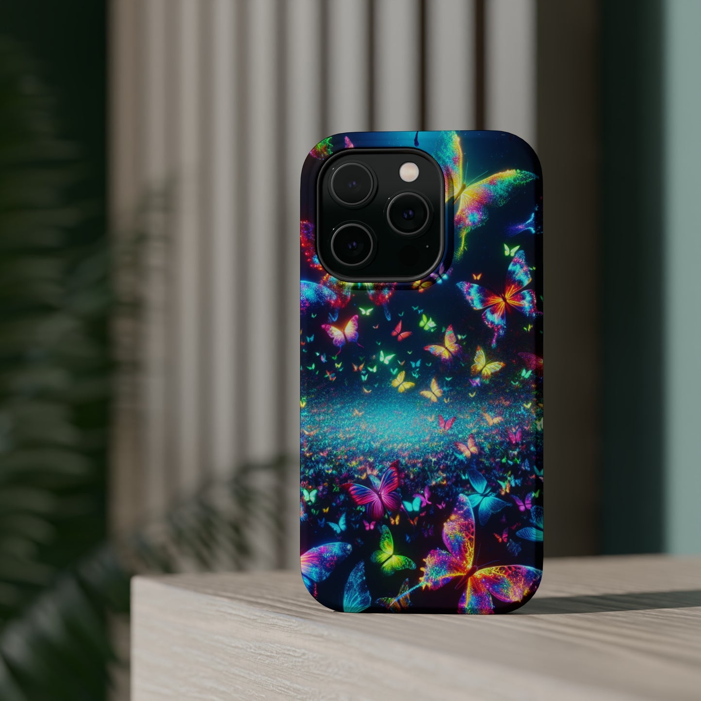 'Neon Butterfly Bliss' Neon Butterflies Premium Art Magsafe Magnet Tough IPhone 13 14 15 Pro Plus Max and Mini in Matte and Glossy Phone cases