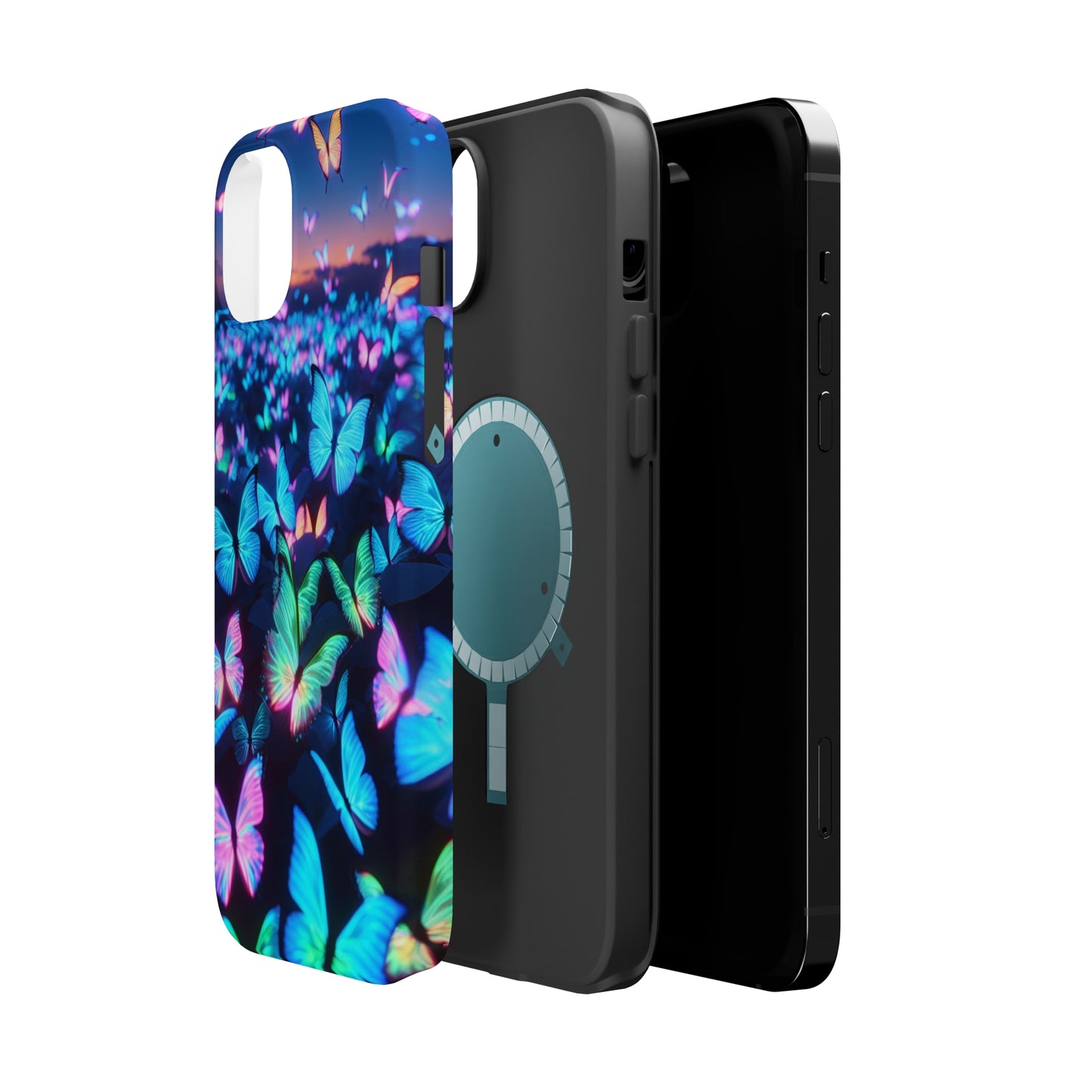 "Fantasia of Neon Butterflies" Neon Butterflies Premium Art Magsafe Magnet Tough IPhone 13 14 15 Pro Plus Max and Mini in Matte and Glossy Phone cases
