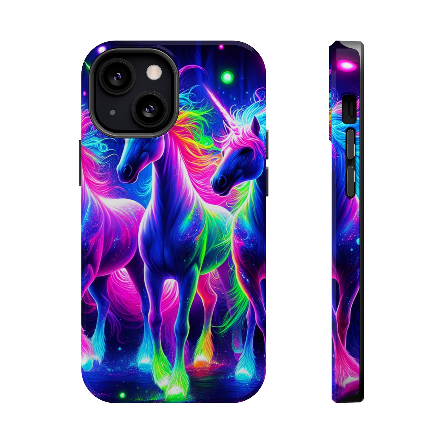 "Uni-Neon Fantasy" Neon Unicorns Premium Art Magsafe Magnet Tough IPhone 13 14 15 Pro Plus Max and Mini in Matte and Glossy Phone cases