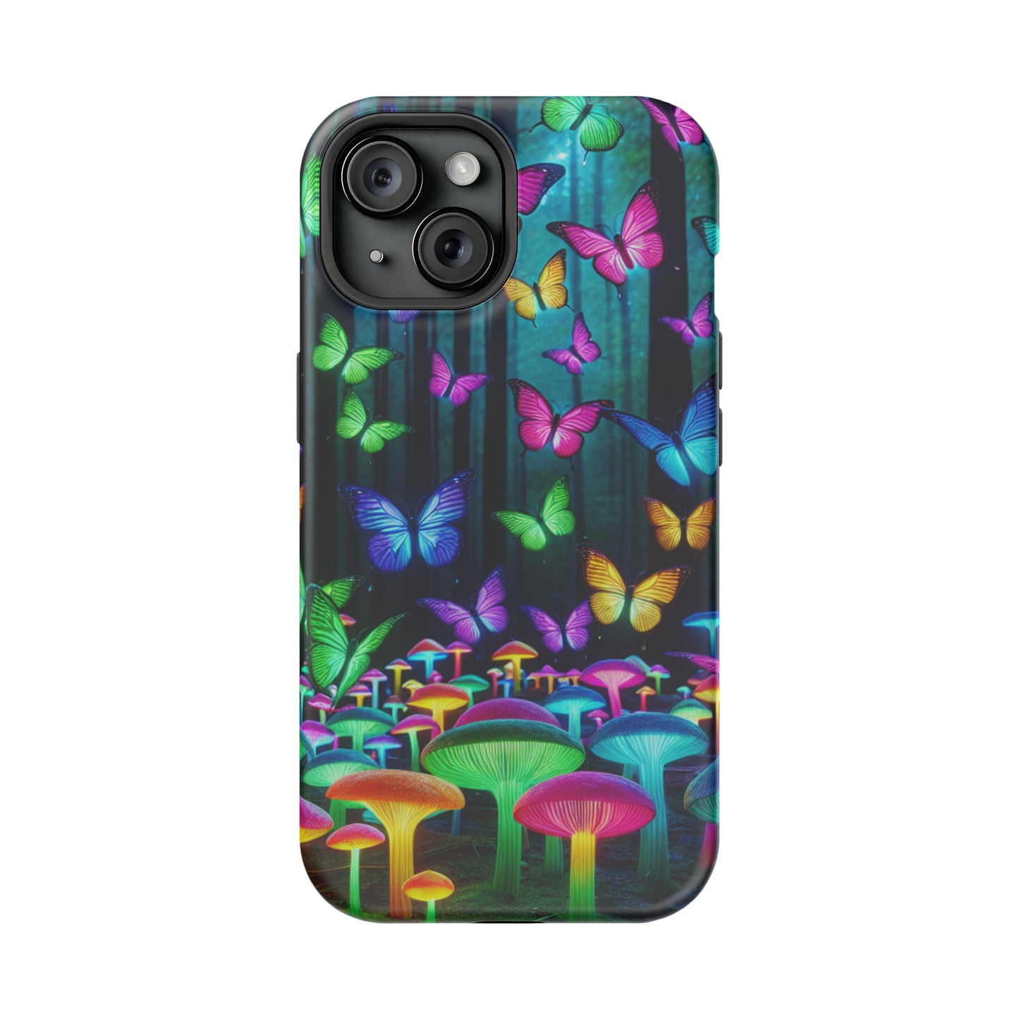 "Vivid Neon Splendor" Neon Butterflies and Mushrooms Premium Art Magsafe Magnet Tough IPhone 13 14 15 Pro Plus Max and Mini in Matte and Glossy Phone cases
