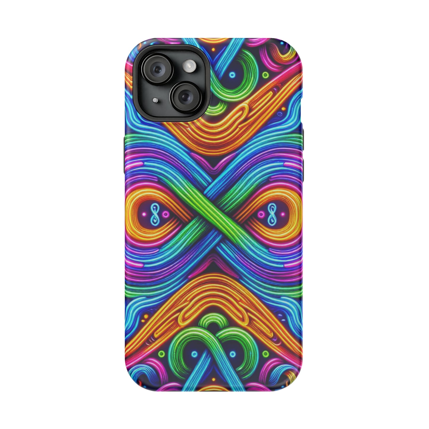Cosmic Neon Infinity Spectacular. Neon Trippy Infinity Patterns Premium Art Magsafe Magnet Tough IPhone 13 14 15 Pro Plus Max and Mini in Matte and Glossy Phone cases