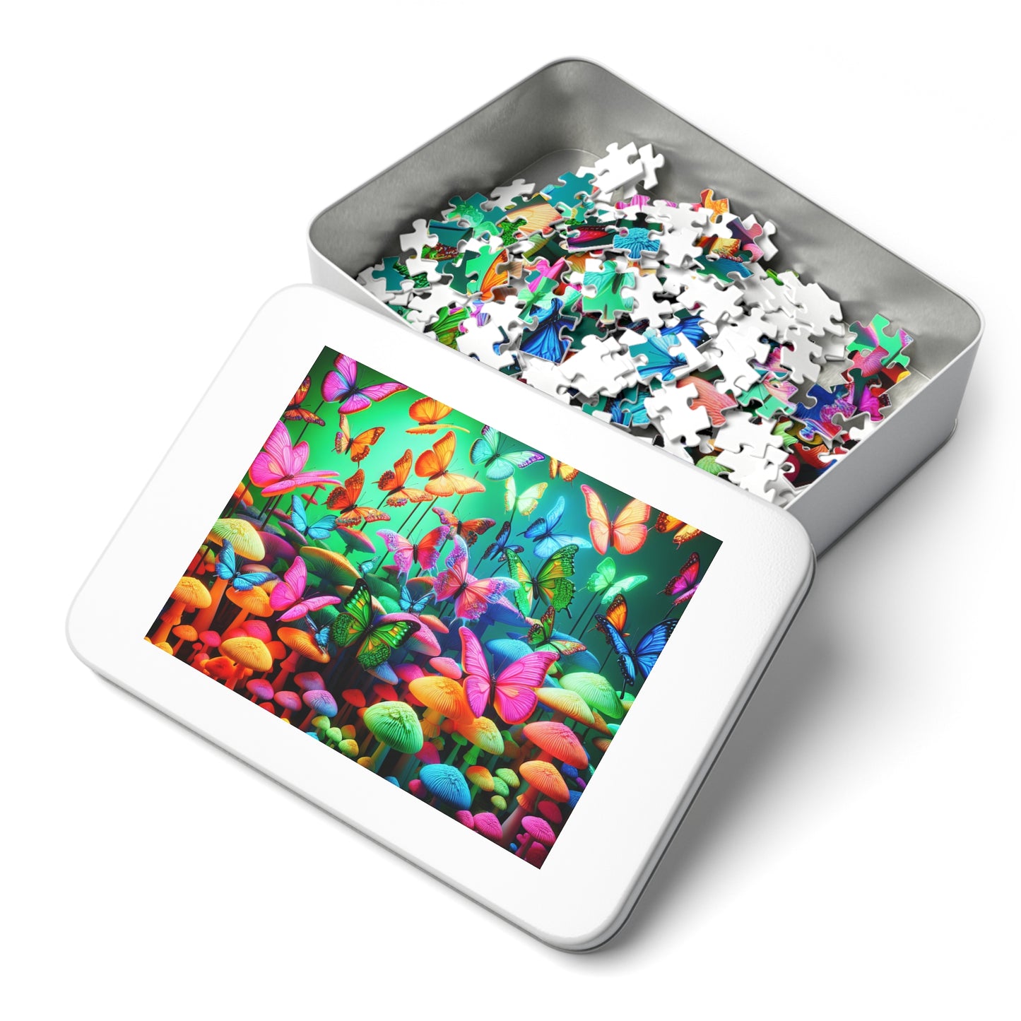 Neon Splendor. - Neon Butterflies and Mushrooms Puzzle 30, 110, 252, and 1000 Pieces
