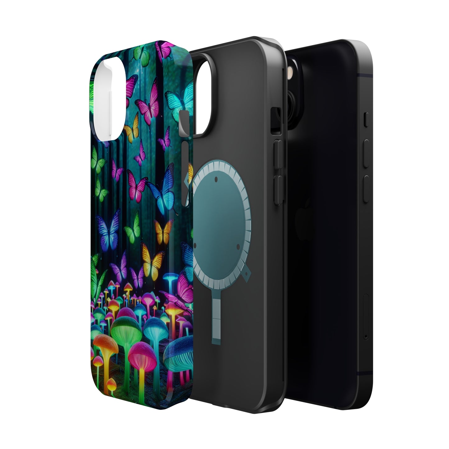 "Vivid Neon Splendor" Neon Butterflies and Mushrooms Premium Art Magsafe Magnet Tough IPhone 13 14 15 Pro Plus Max and Mini in Matte and Glossy Phone cases