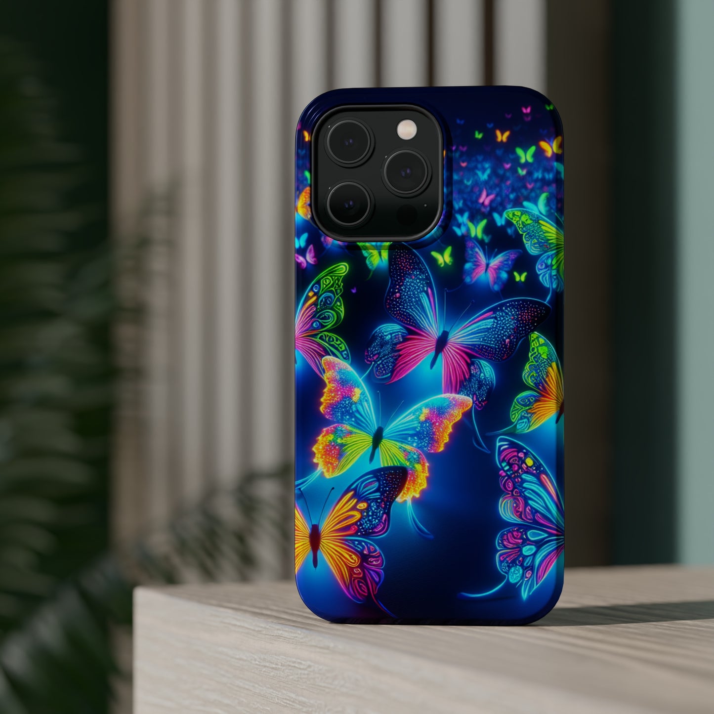 "Atmospheric Fluorescence" Neon Butterflies Premium Art Magsafe Magnet Tough IPhone 13 14 15 Pro Plus Max and Mini in Matte and Glossy Phone cases