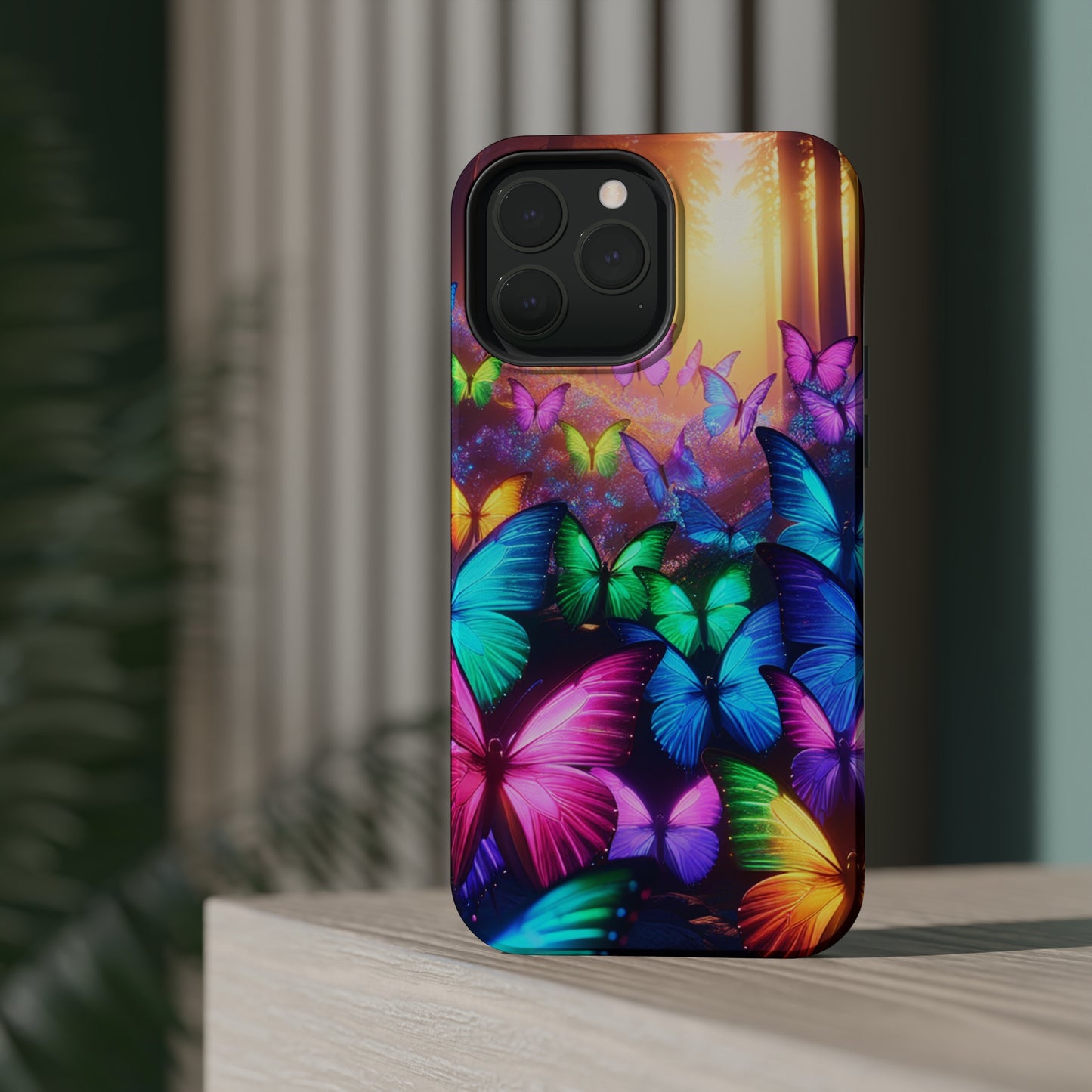 "Radiant Glowing Flight" Neon Butterflies Premium Art Magsafe Magnet Tough IPhone 13 14 15 Pro Plus Max and Mini in Matte and Glossy Phone cases