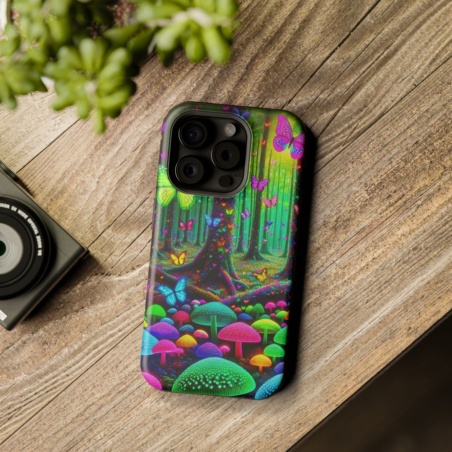 "Neon Garden Symphony". Neon Butterflies and Mushrooms Premium Art Magsafe Magnet Tough IPhone 13 14 15 Pro Plus Max and Mini in Matte and Glossy Phone cases