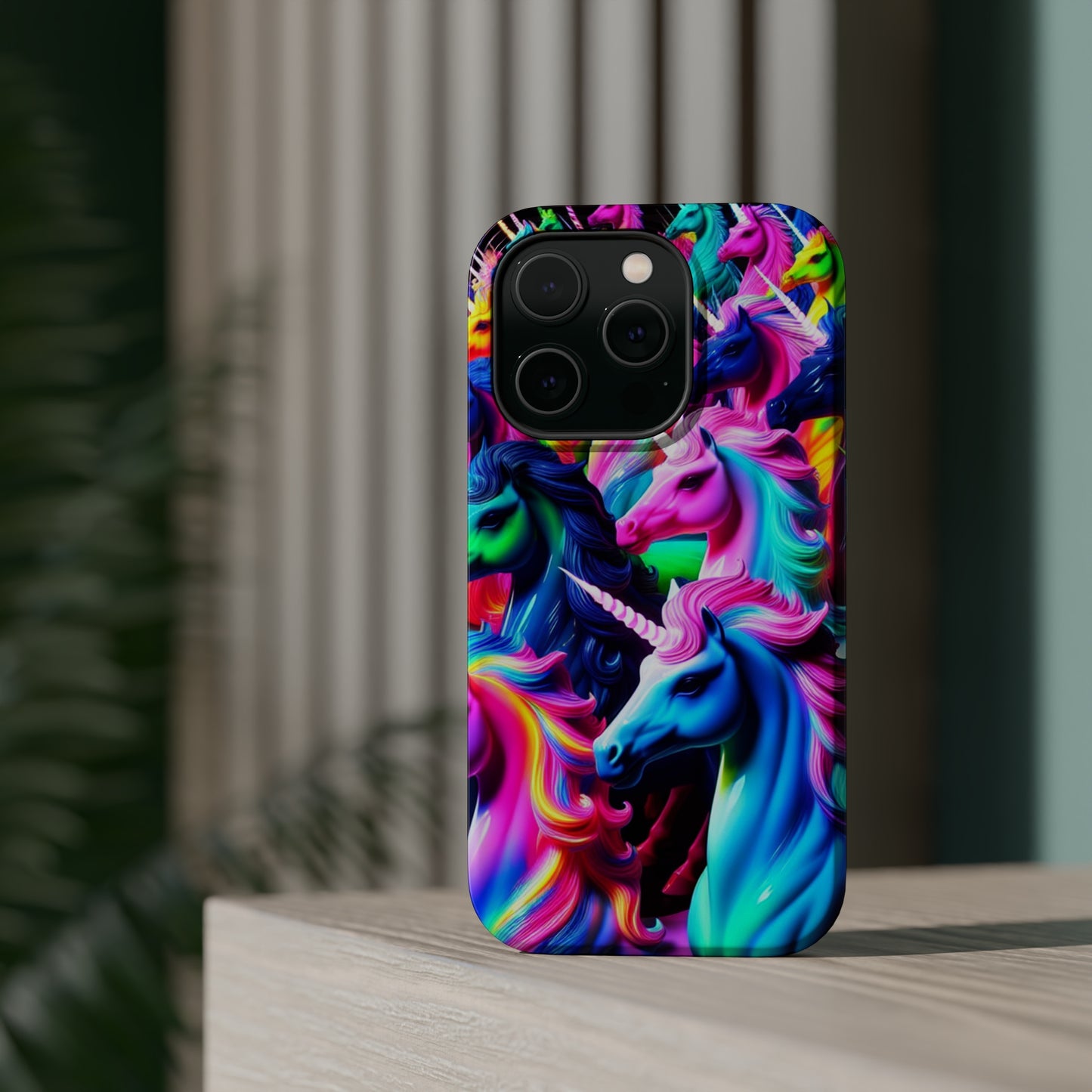 "Neon Illumination" Neon Unicorns Premium Art Magsafe Magnet Tough IPhone 13 14 15 Pro Plus Max and Mini in Matte and Glossy Phone cases