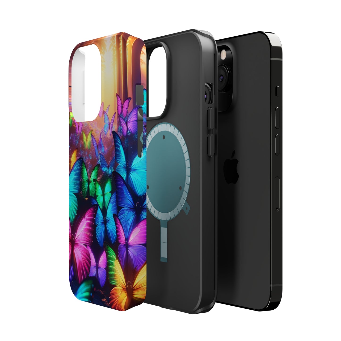 "Radiant Glowing Flight" Neon Butterflies Premium Art Magsafe Magnet Tough IPhone 13 14 15 Pro Plus Max and Mini in Matte and Glossy Phone cases