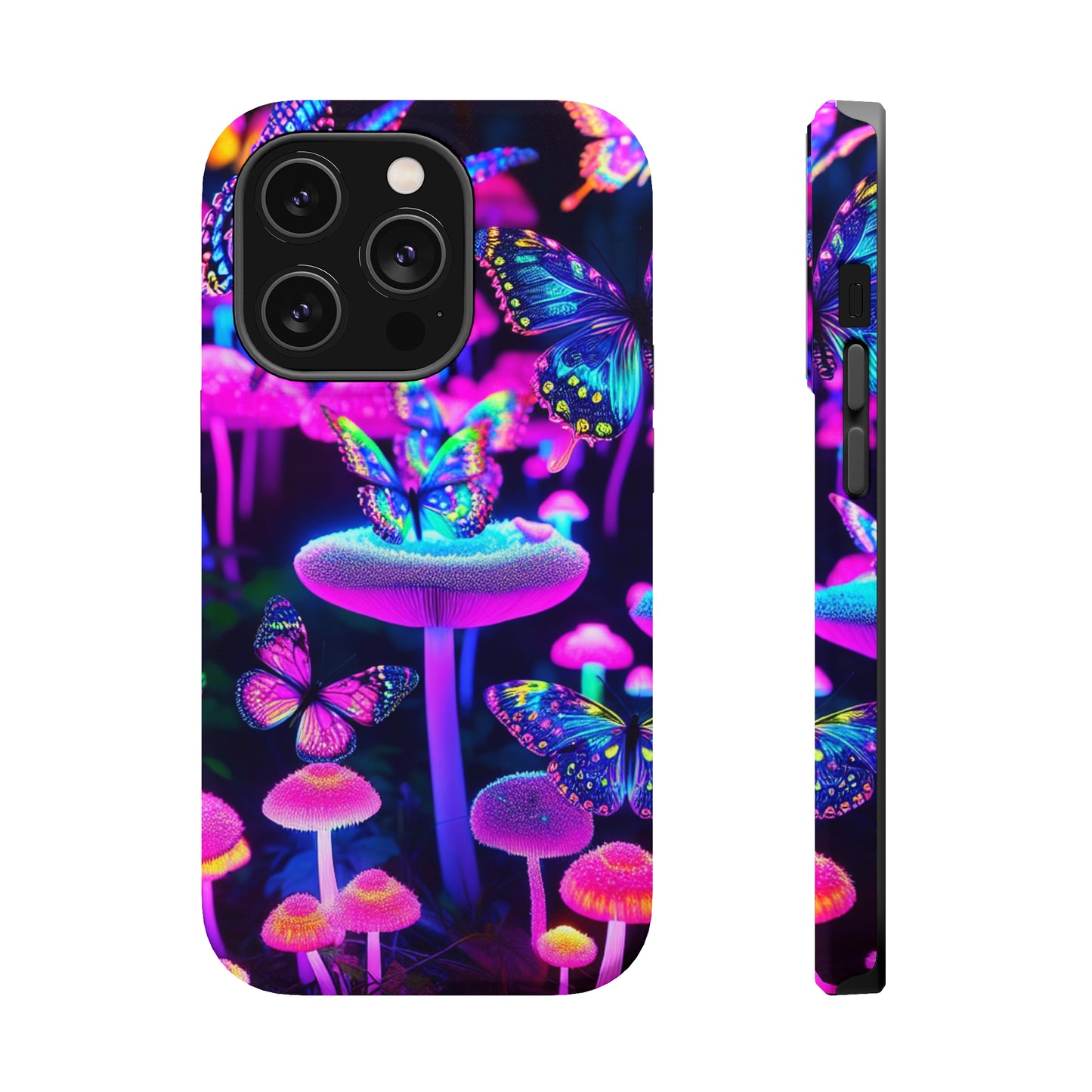 "Neon Gloomsprite Dance" Neon Butterflies and Mushrooms Premium Art Magsafe Magnet Tough IPhone 13 14 15 Pro Plus Max and Mini in Matte and Glossy Phone cases