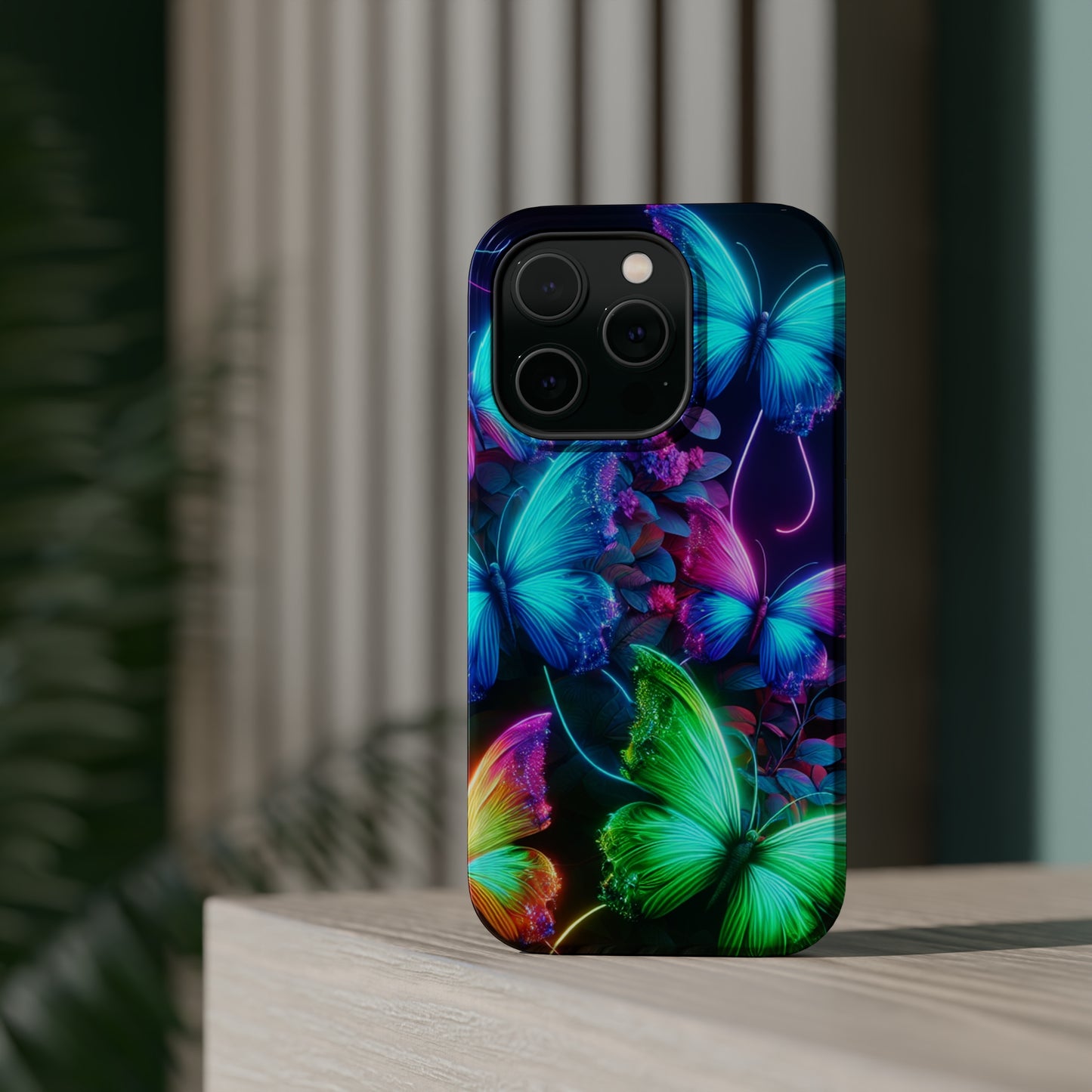 Neon Flutter Symphony Neon Butterflies Premium Art Magsafe Magnet Tough IPhone 13 14 15 Pro Plus Max and Mini in Matte and Glossy Phone cases